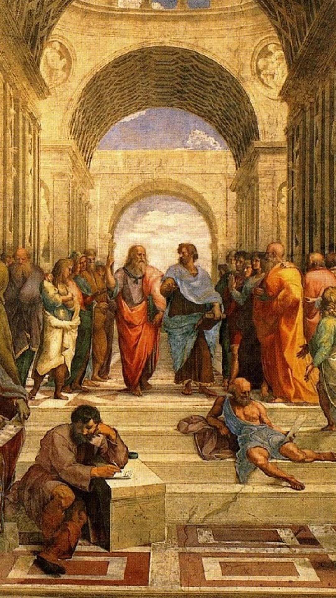 Classic Art 桌布 壁紙 — 身穿垂褶長袍的古典學者在宏偉的石拱門和圓柱下辯論哲學。