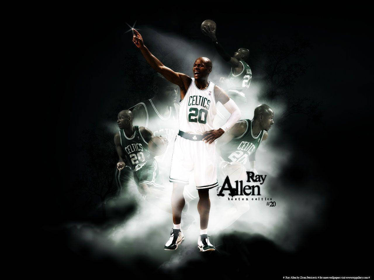 Ray Allen 桌布 壁紙 — 身穿塞爾提克球衣的雷·艾倫在發光的煙霧中勝利地站立，身後有鬼魅般的動作剪影。