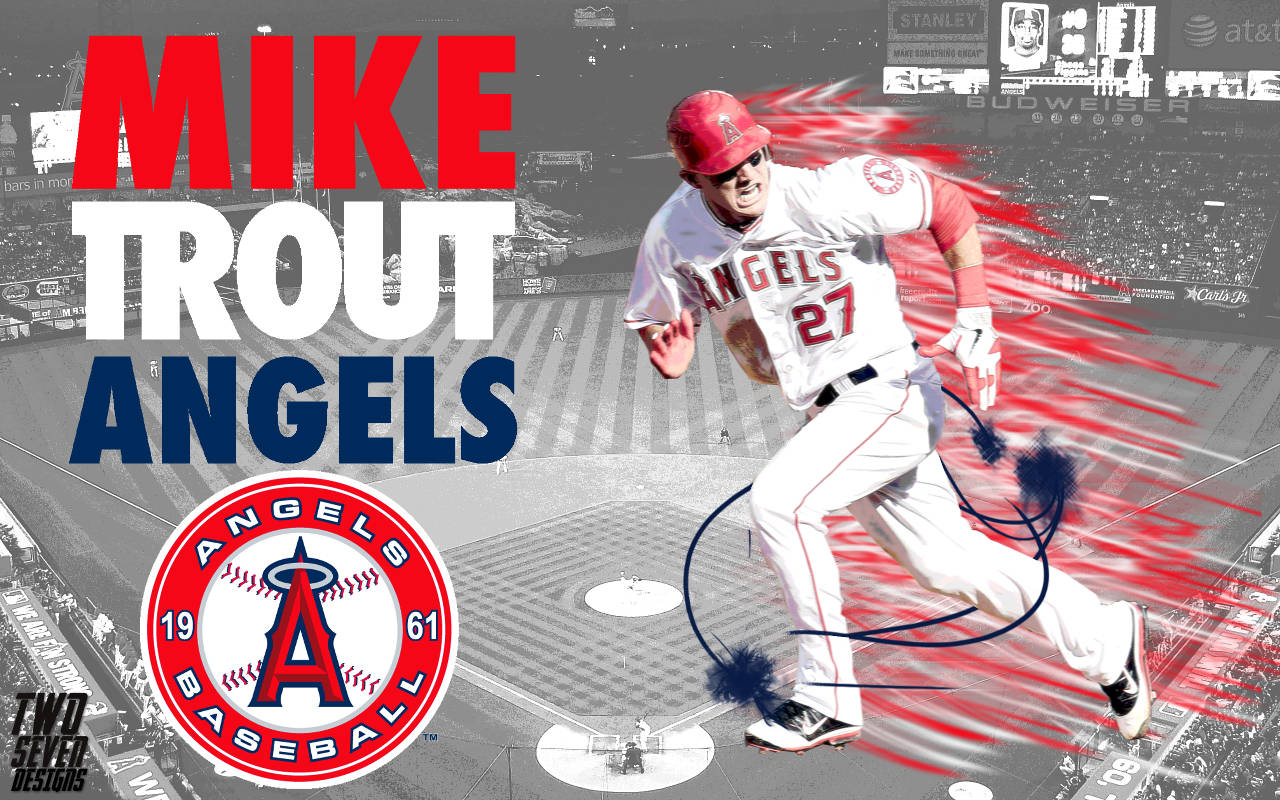 Mike Trout 桌布 壁紙 — 身穿天使隊球衣的棒球選手 Mike Trout 在球場上動態衝刺，帶有紅色運動軌跡和醒目的球隊品牌標識。