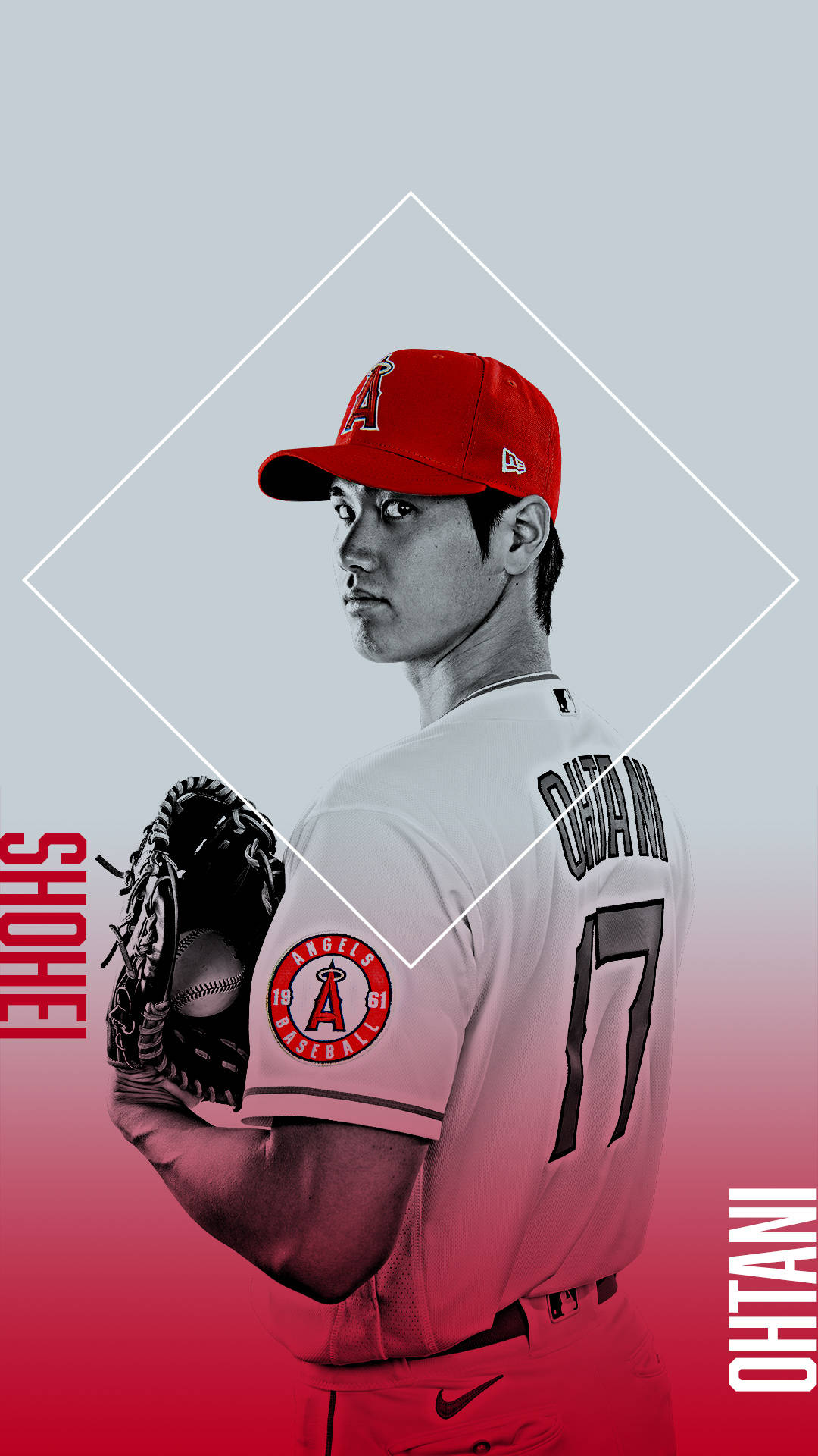 Gradient 桌布 壁紙 — 身穿天使隊球衣的棒球選手大谷翔平，在紅色和灰色漸變背景前，手持帶有棒球的手套。