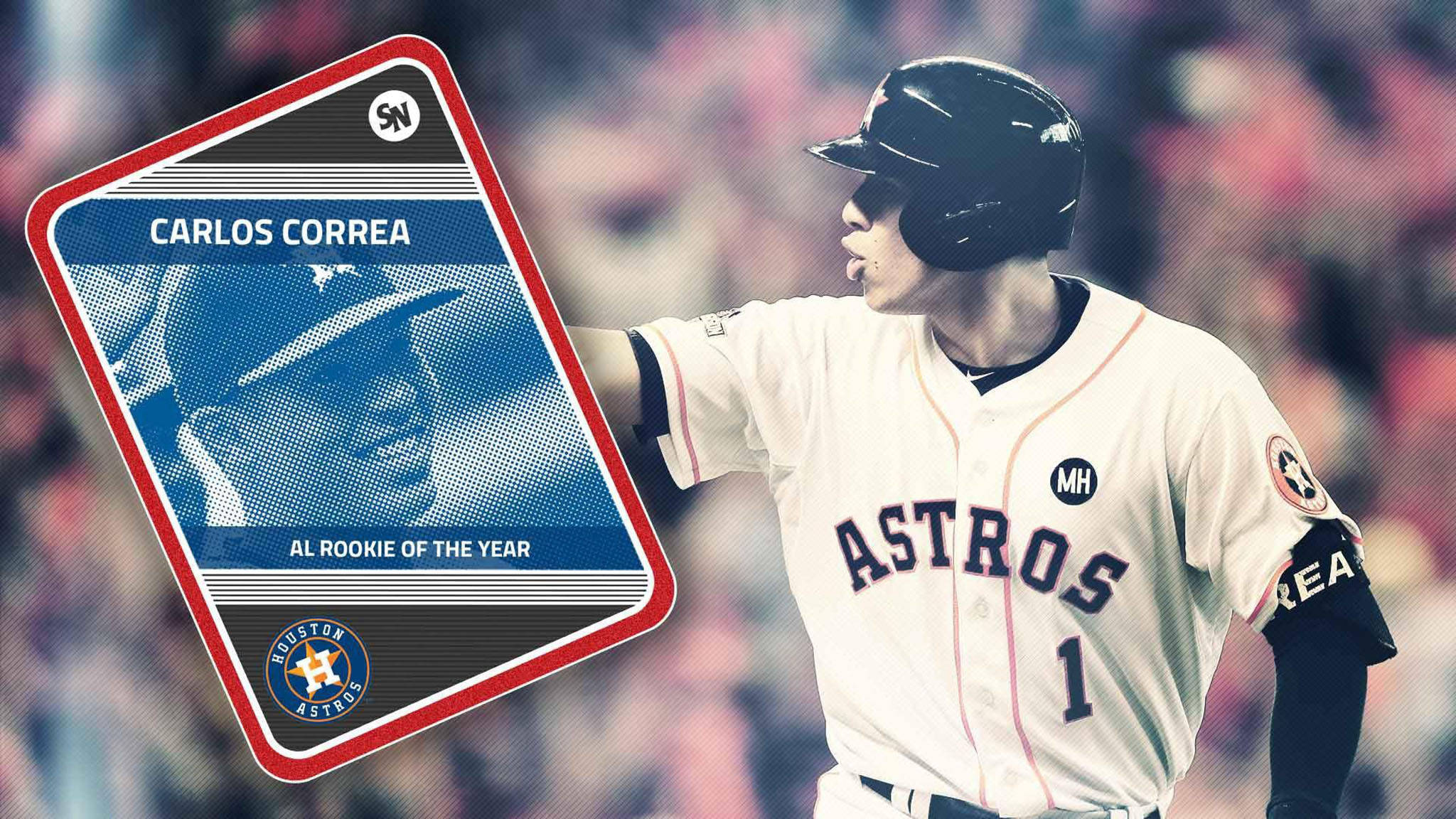 Carlos Correa 桌布 壁紙 — 身穿太空人隊球衣的棒球選手 Carlos Correa 以「年度最佳新秀」卡片圖形疊加慶祝。