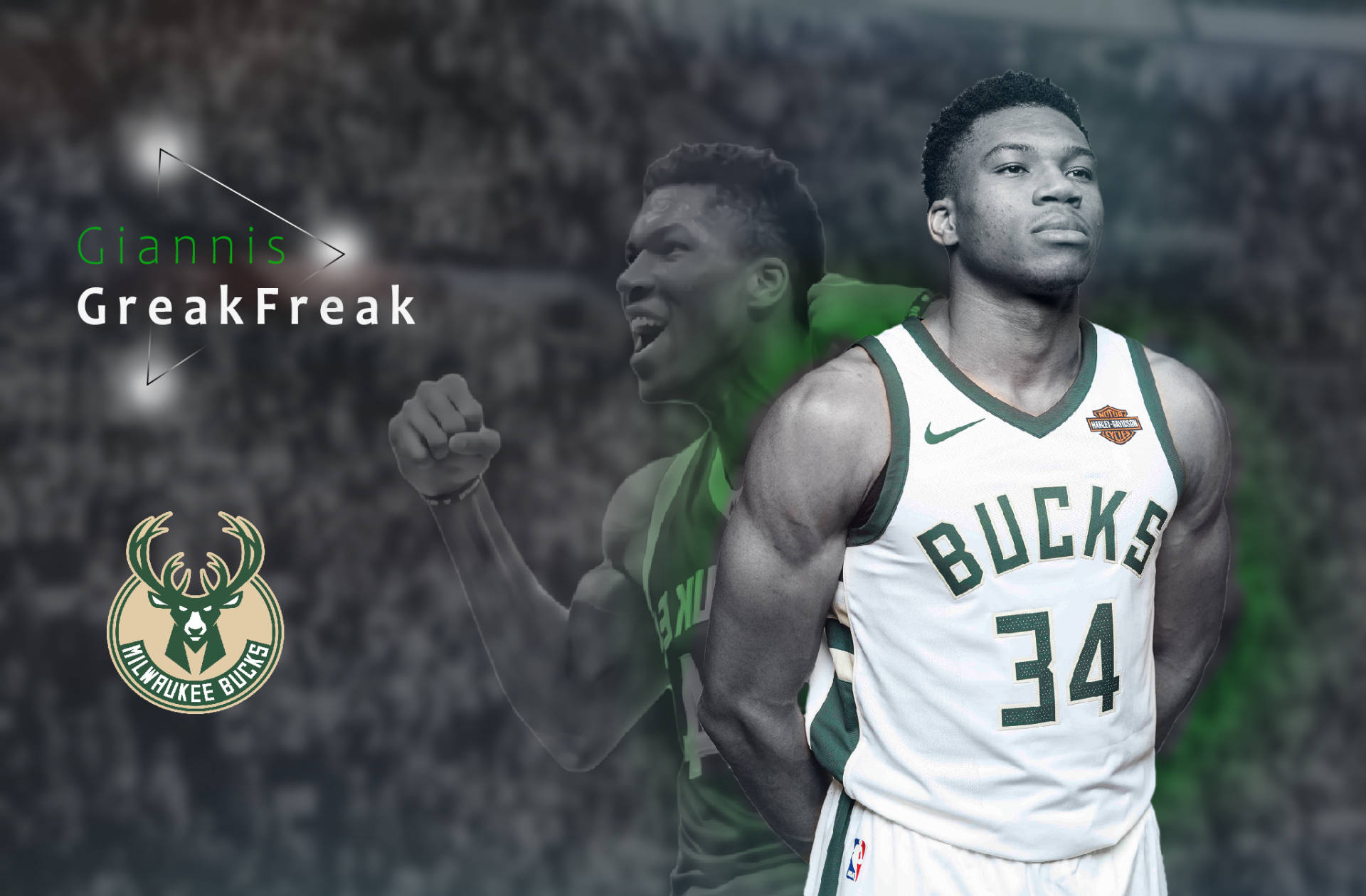 Bucks 桌布 壁紙 — 身穿密爾瓦基公鹿隊球衣的揚尼斯·阿德托昆博自信地站立，身後有綠色色調的動作剪影。