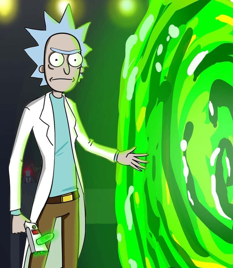 The Council Of Ricks 桌布 壁紙 — 身穿實驗室外套的瑞克·桑切斯站在一個旋轉的綠色傳送門前，散發著能量光芒。