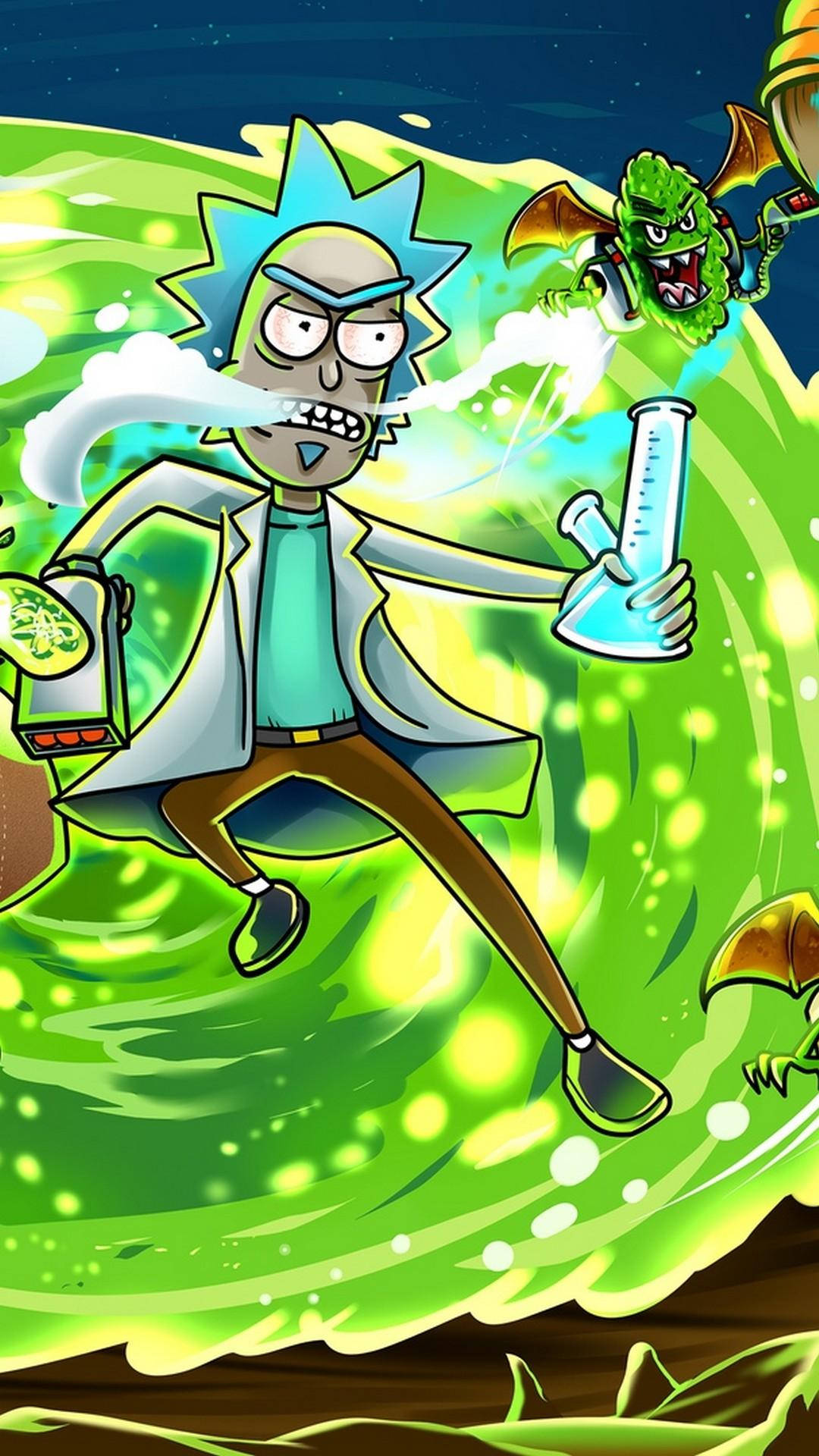 瑞克和莫蒂 桌布 壁紙 — 身穿實驗袍的Rick Sanchez穿過旋轉的綠色傳送門，手持燒杯，身後有一隻綠色怪物飛翔。