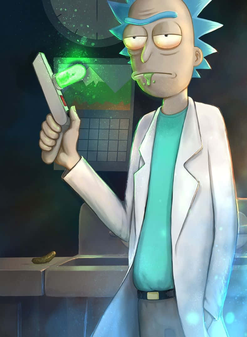 The Council Of Ricks 桌布 壁紙 — 身穿實驗袍的瑞克·桑切斯手持發光綠色武器，身後櫃檯上有一個醃黃瓜。