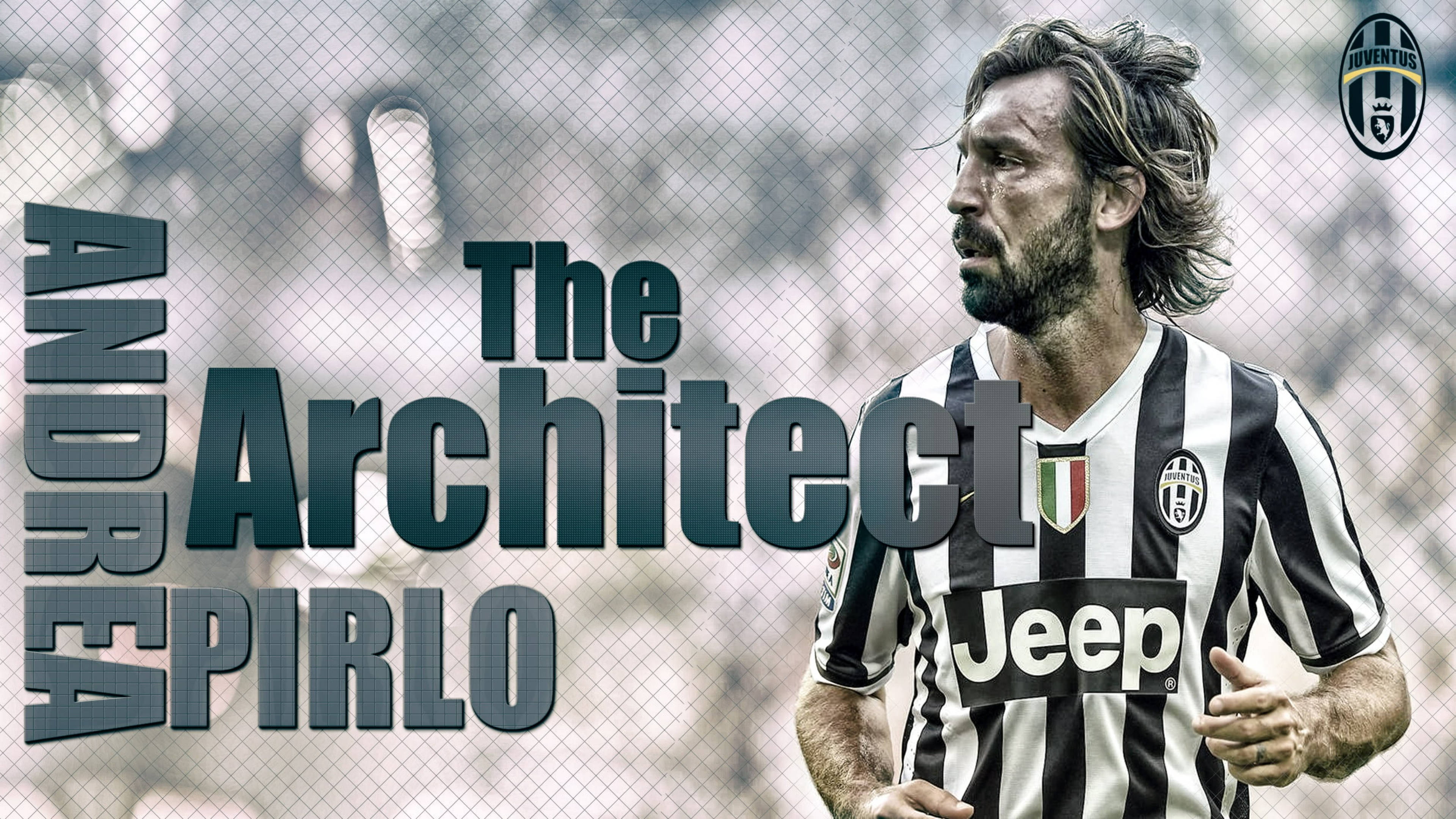 andrea pirlo 桌布 壁紙 — 身穿尤文圖斯條紋球衣的安德烈亞·皮爾洛，在模糊的球場背景下，站在鐵絲網後方，粗體文字宣告他為「The Architect」。