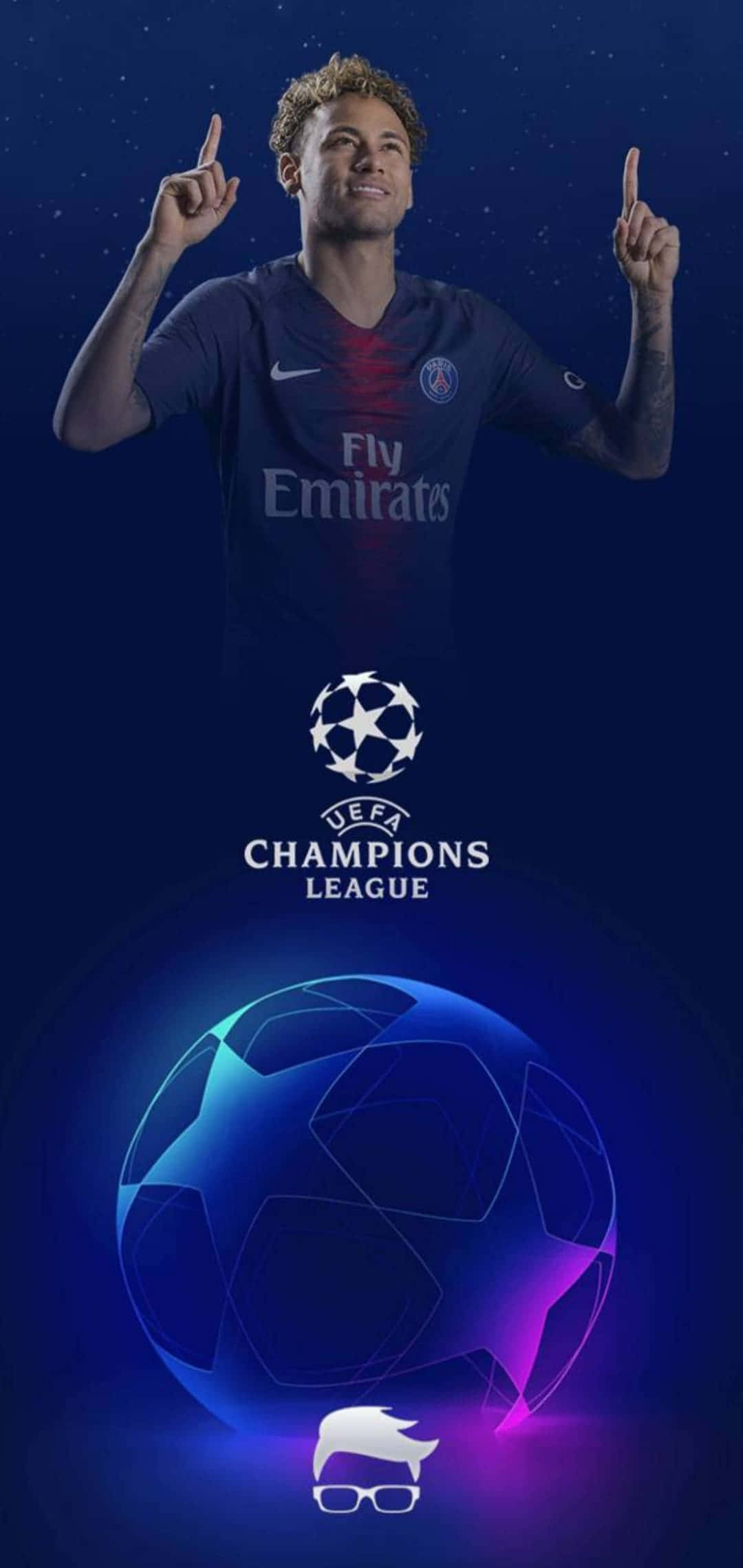 Neymar iPhone 桌布 壁紙 — 身穿巴黎聖日耳曼球衣的足球員內馬爾在星光藍色背景上，指向上方一個發光的歐冠足球。