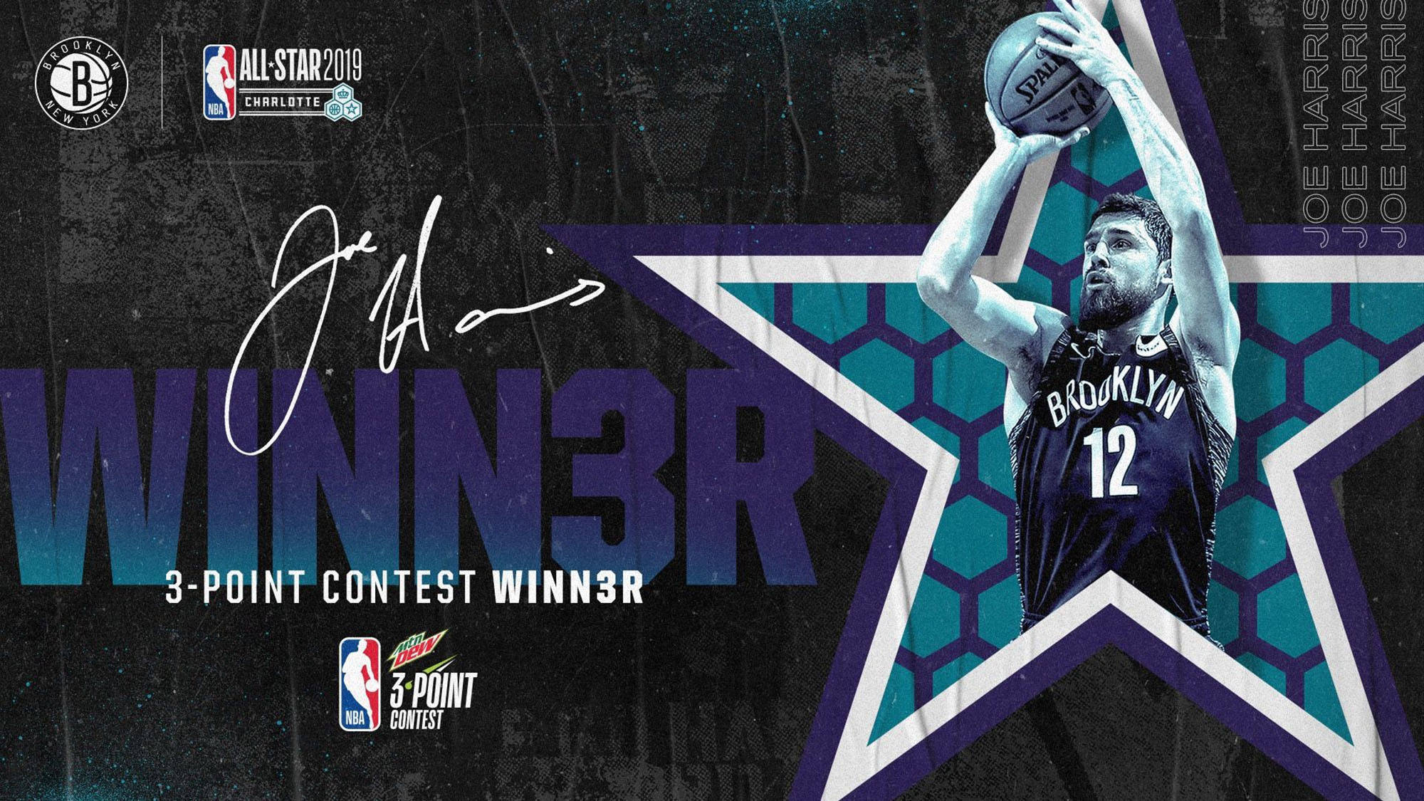joe harris 桌布 壁紙 — 身穿布魯克林籃網隊球衣的喬哈里斯在2019年NBA全明星三分球大賽中投籃，背景為星形圖案。