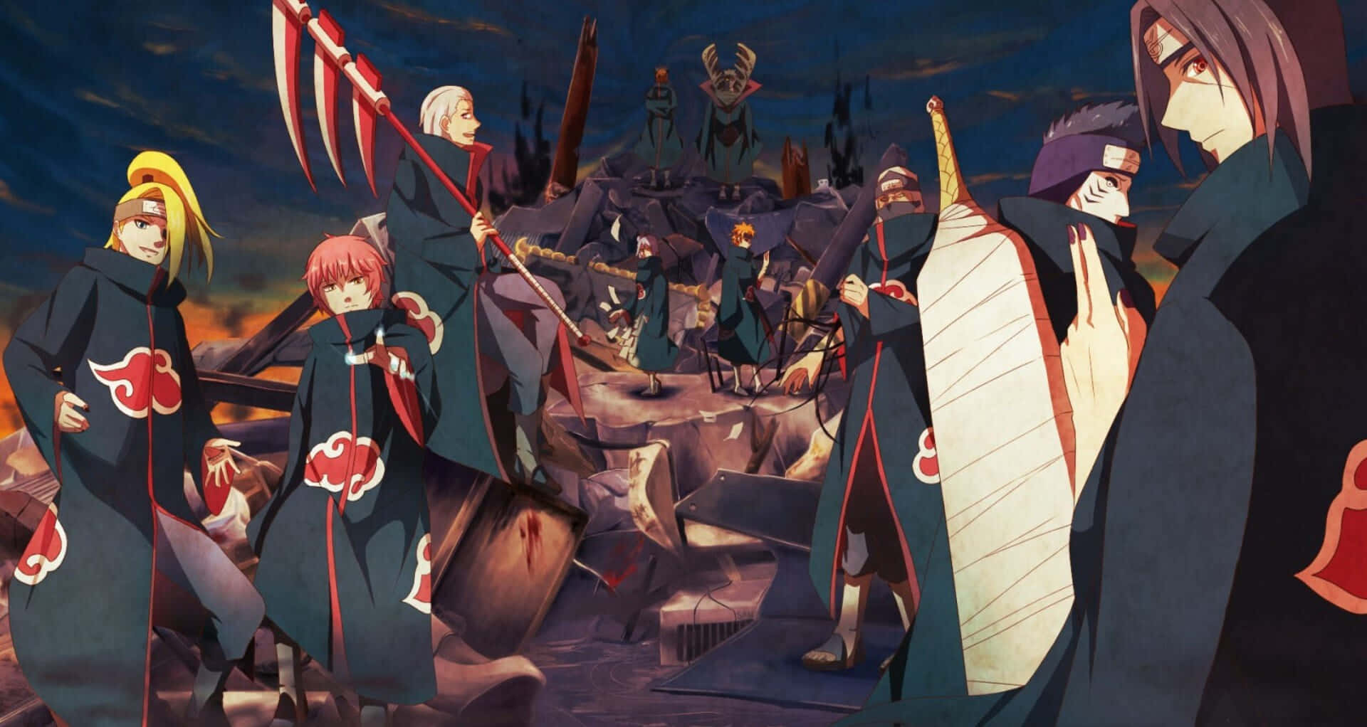 Akatsuki Members 桌布 壁紙 — 身穿帶有紅色雲紋的暗色斗篷的動漫角色，在暮色天空下站在瓦礫之中。
