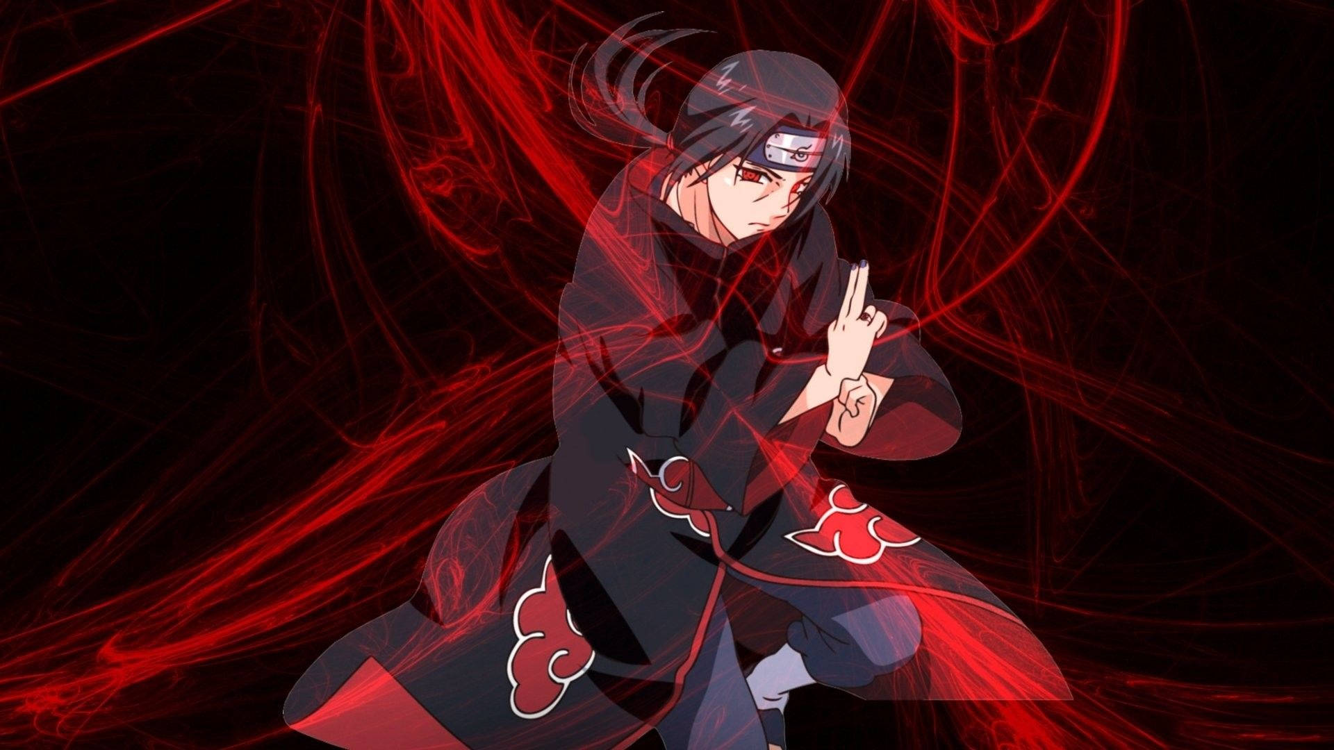 Shisui Uchiha 桌布 壁紙 — 身穿帶有紅色雲紋的黑色斗篷的動漫角色，在黑暗背景中對著旋轉的紅色能量蹲伏。
