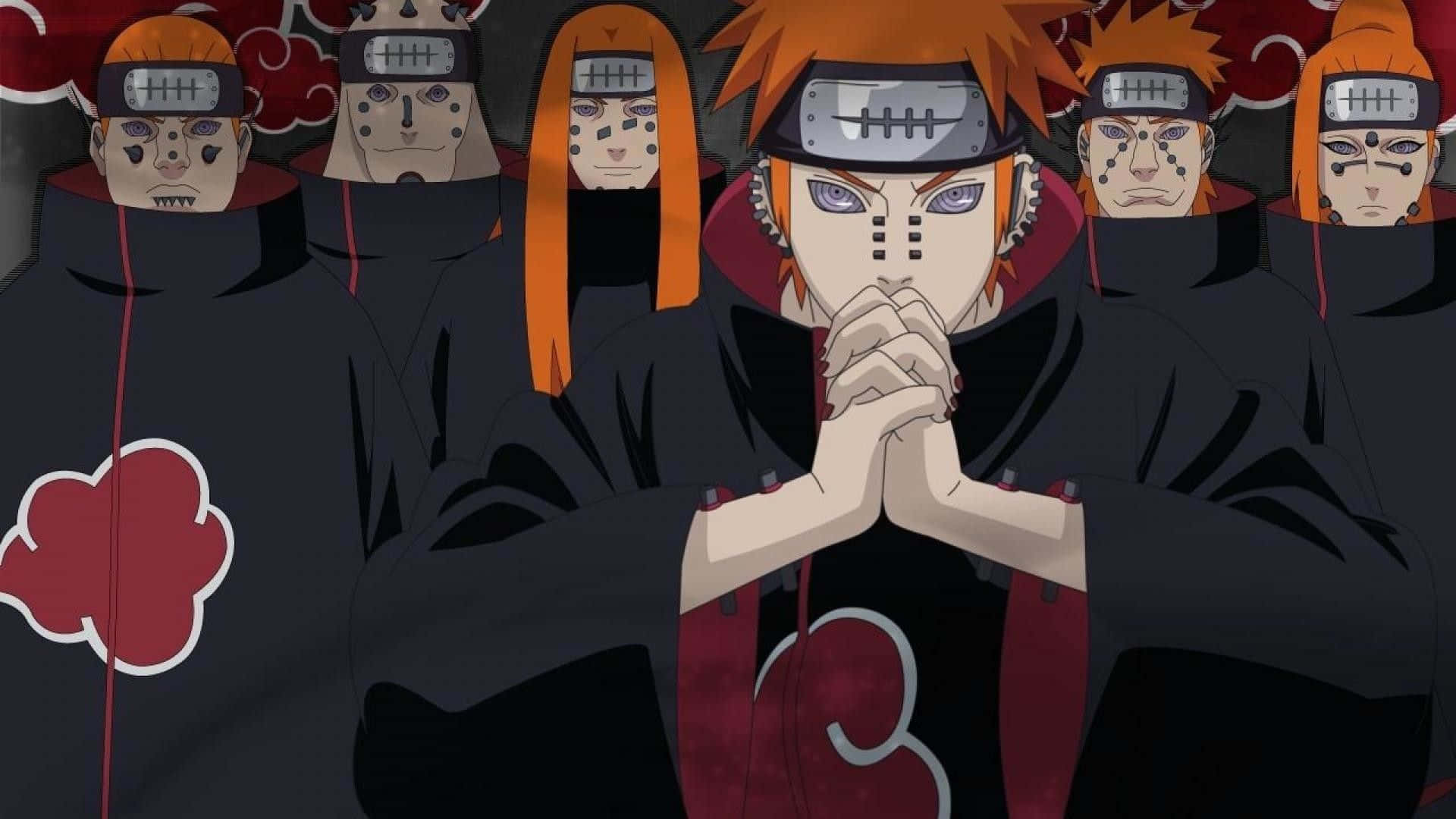 Pain Rinnegan 桌布 壁紙 — 身穿帶有紅色雲紋的黑色斗篷的動漫角色，以威脅性的群體姿態站立，中央人物雙手合十，擁有強烈的紫色眼睛。