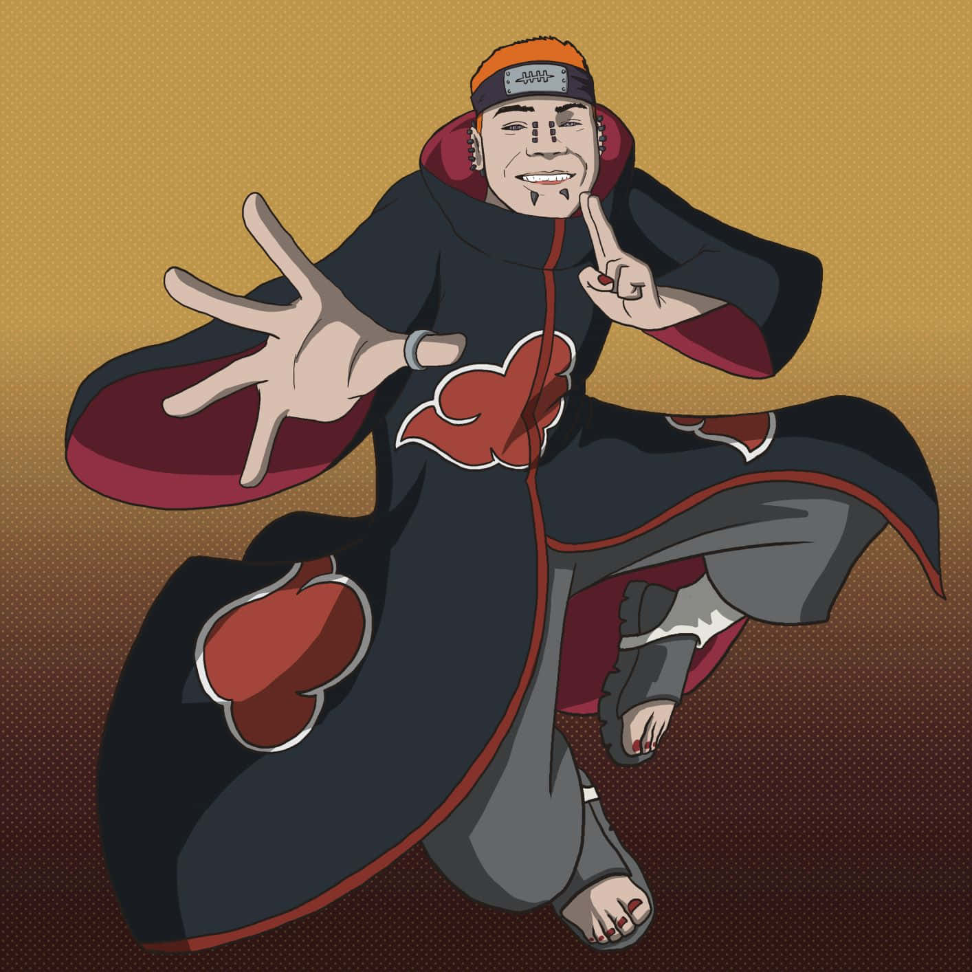 Akatsuki Drawing 桌布 壁紙 — 身穿帶有紅色雲紋的黑色斗篷的動漫角色，在漸變金色背景上擺出動感姿勢。