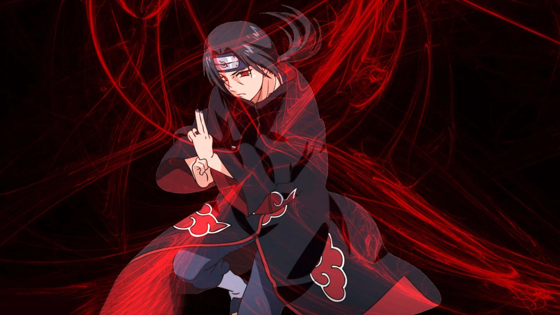 Sharingan Eyes 桌布 壁紙 — 身穿帶有紅色雲紋的黑色斗篷的動漫角色，在黑暗背景下被旋轉的紅色能量包圍，正在結手印。