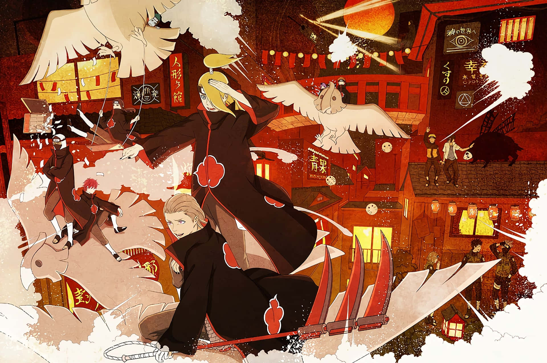 Akatsuki X Deidara 桌布 壁紙 — 身穿帶有紅色雲紋的黑色斗篷的動漫角色，在熾熱的紅色日本村莊中，於耀眼的太陽下激烈交戰。