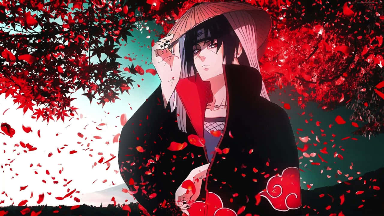 動漫 桌布 壁紙 — 身穿帶有紅色雲紋的黑色斗篷的動漫角色，站在明亮的天空下，飄落的紅色楓葉之中。