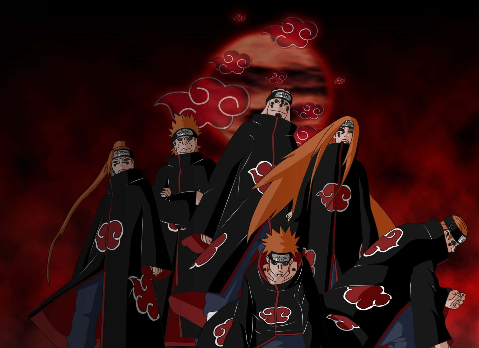 Akatsuki Naruto Shippuden 桌布 壁紙 — 身穿帶有紅色雲紋的黑色斗篷的動漫角色，站在暗紅色的天空前，面對一輪血紅色的月亮。