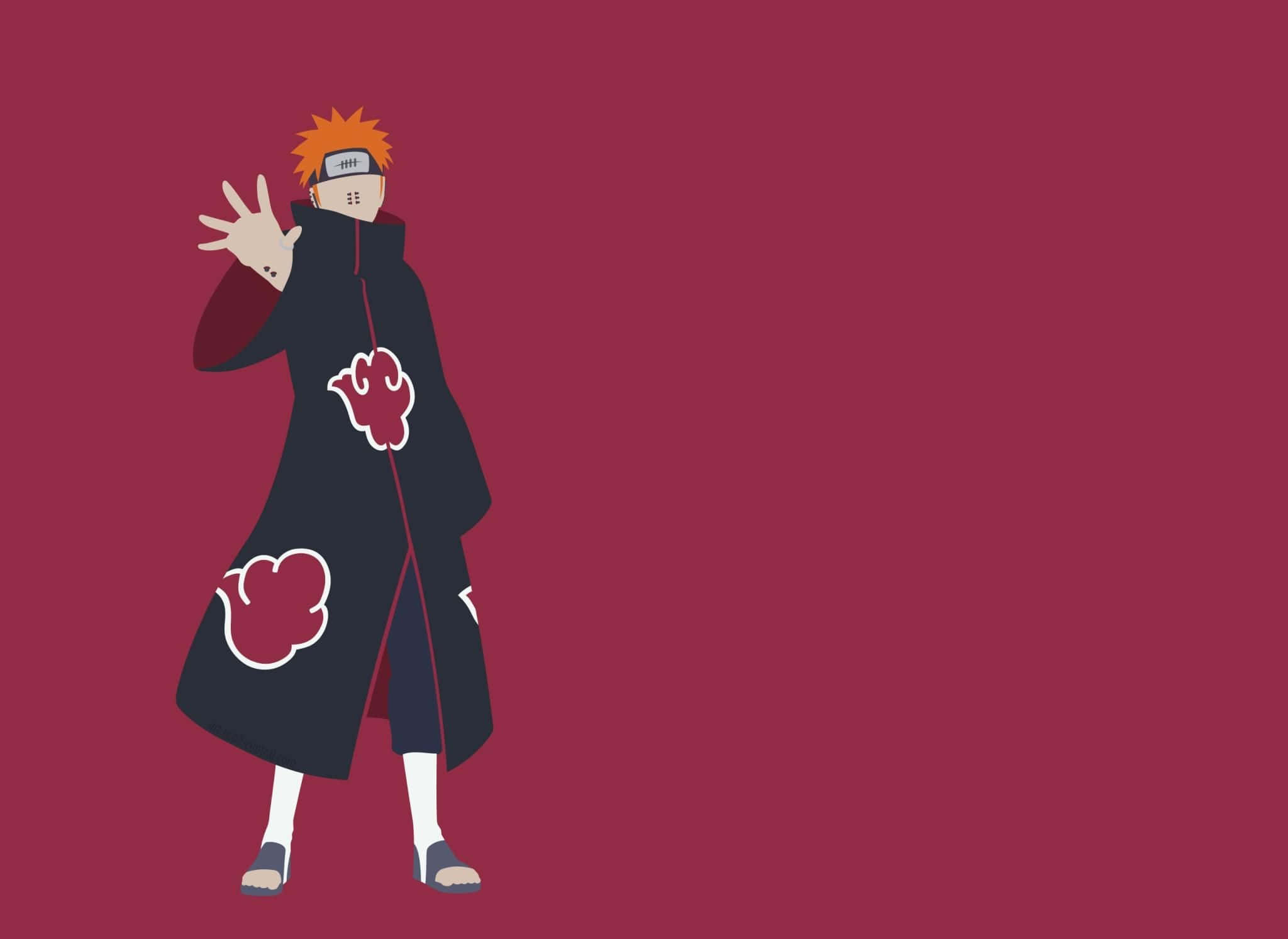 Akatsuki Pain 桌布 壁紙 — 身穿帶有紅色雲紋的黑色斗篷的動漫角色，在純栗色背景前舉起手。