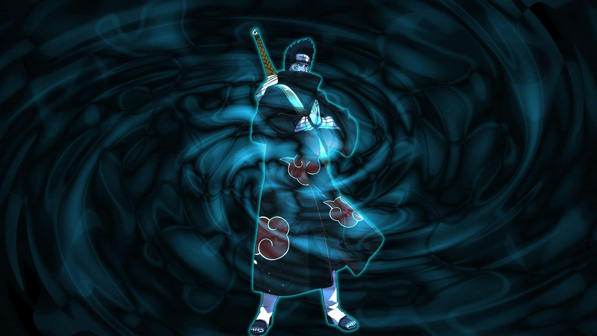 Kisame 桌布 壁紙 — 身穿帶有紅色雲紋的黑色斗篷的動漫角色，在旋轉的深藍色能量中持劍站立。