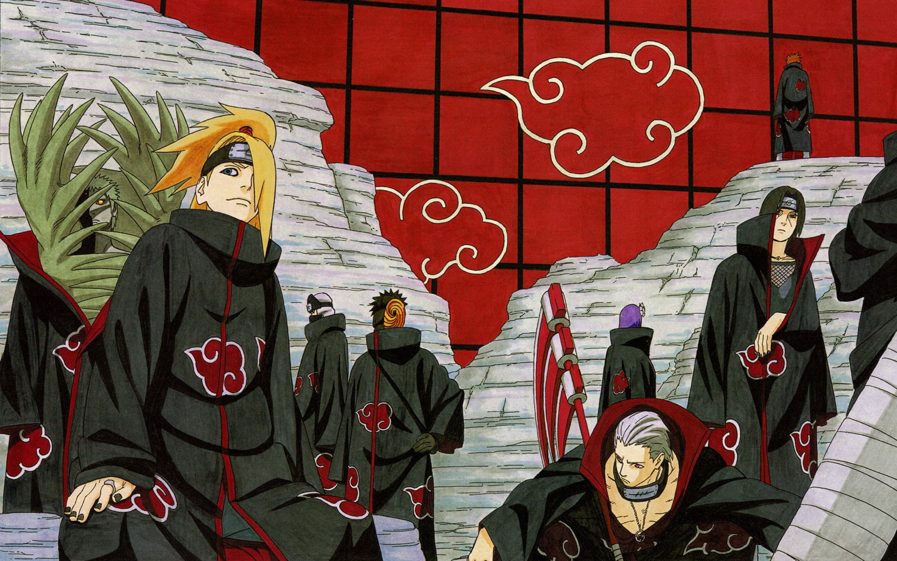 akatsuki phone 桌布 壁紙 — 身穿帶有紅色雲紋黑色斗篷的動漫角色站在石頭廢墟上，背景是紅色網格天空。