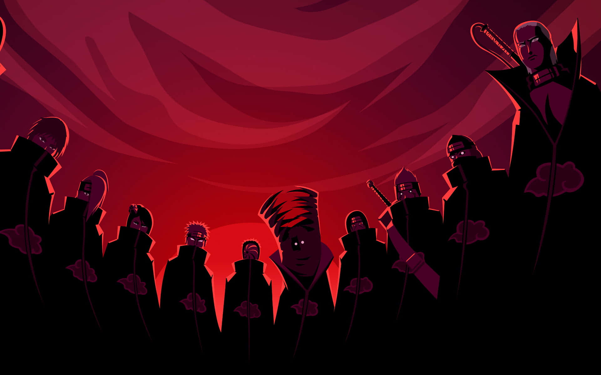 Akatsuki Members 桌布 壁紙 — 身穿帶有紅色雲紋黑色斗篷的忍者剪影，矗立在戲劇性的紅色天空下。