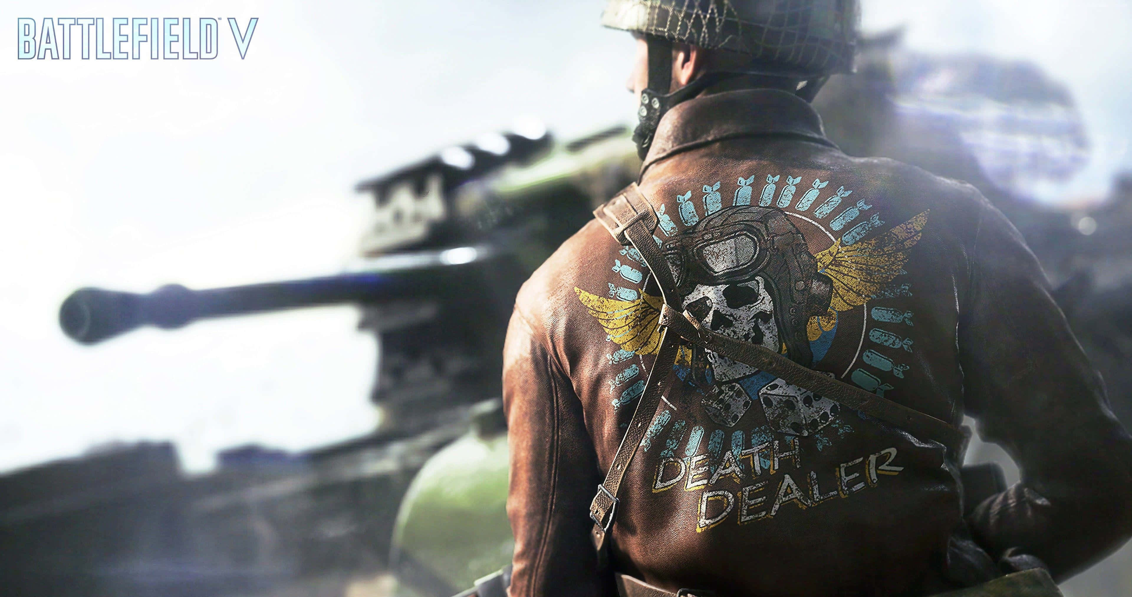 video games 桌布 壁紙 — 身穿帶有骷髏頭補丁的皮夾克的士兵在明亮的日光下站在戰區的坦克前。
