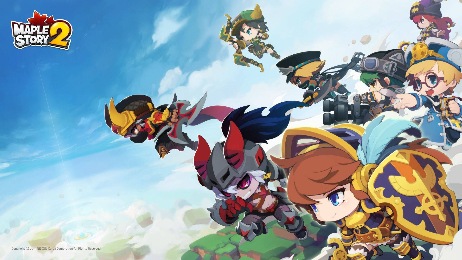 Maplestory 2 桌布 壁紙 — 身穿彩色盔甲的Q版冒險家，在藍天白雲中動態跳躍。