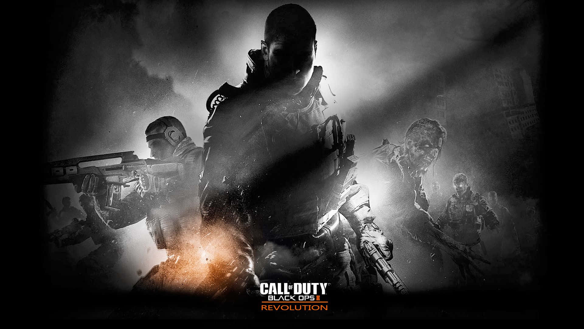 Call Of Duty Black Ops 桌布 壁紙 — 身穿戰術裝備的剪影士兵在煙霧和火焰中前進，呈現出 gritty 的黑白戰場場景。