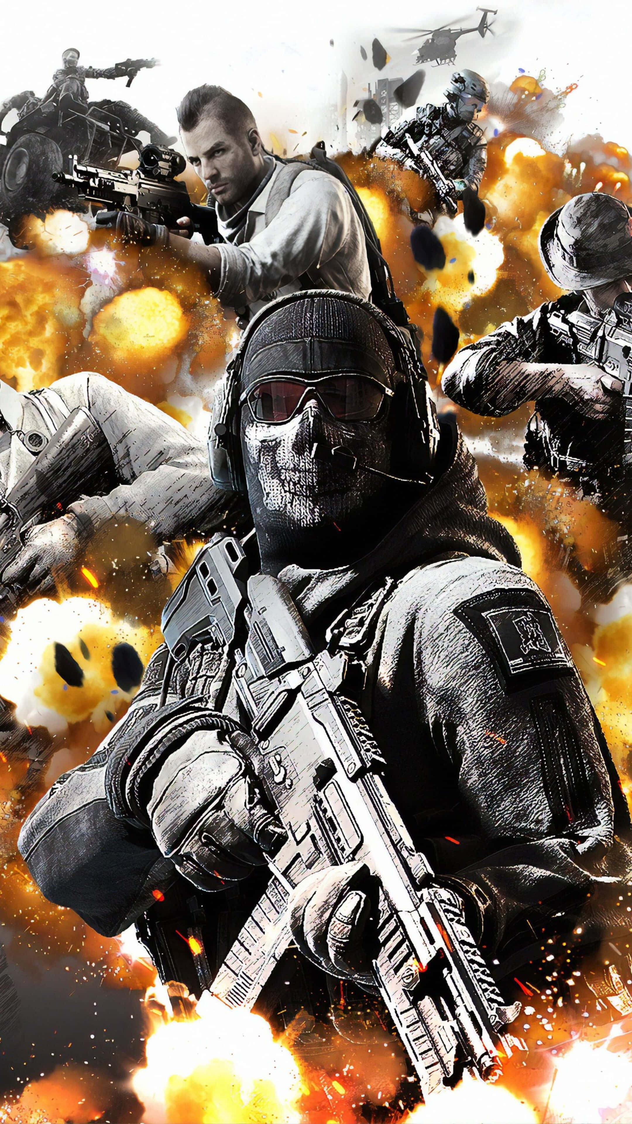 games 桌布 壁紙 — 身穿戰術裝備的士兵在混亂的戰場上，於熾熱的爆炸和飛揚的碎片中開火。