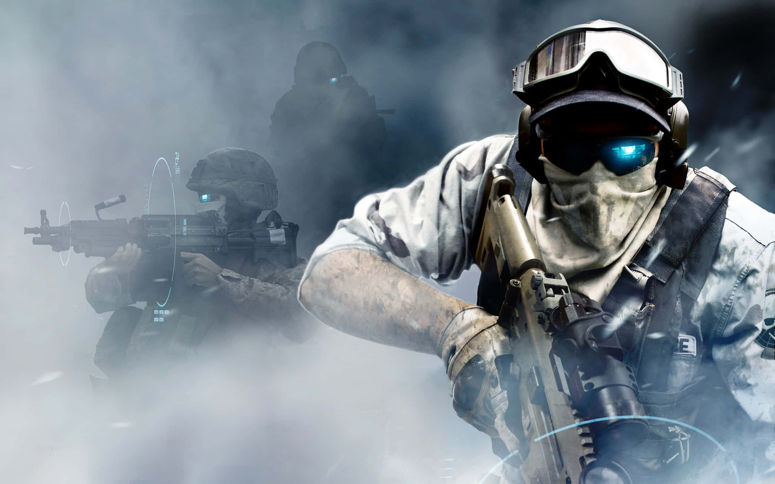 tom clancy's ghost recon wildlands 桌布 壁紙 — 身穿戰術裝備的士兵在煙霧中前進，配備發光藍色護目鏡和數位瞄準十字線。