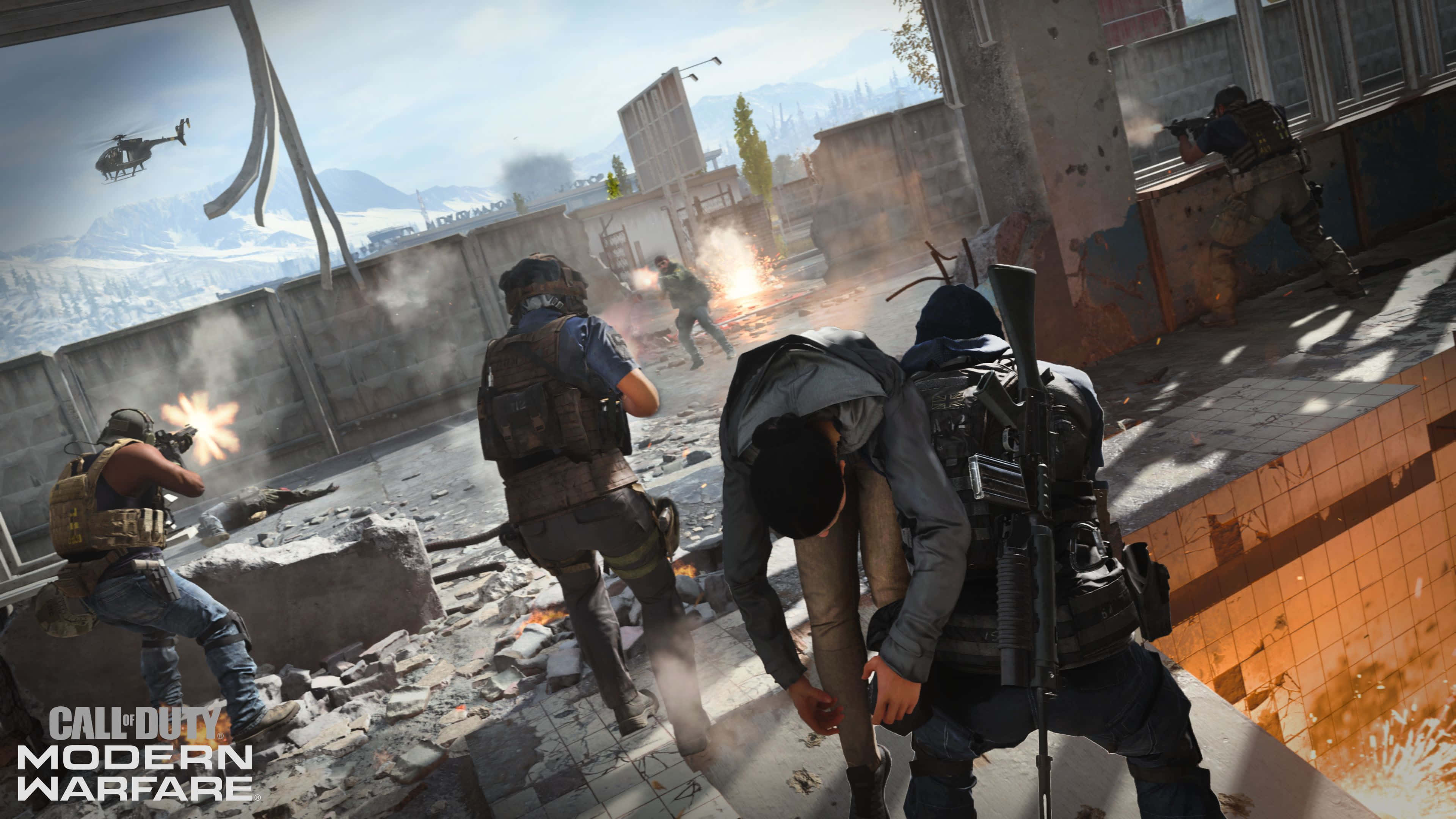 4K Call Of Duty Modern Warfare 桌布 壁紙 — 身穿戰術裝備的士兵在煙霧和爆炸中，於破碎的城市戰場上進行激烈的槍戰。