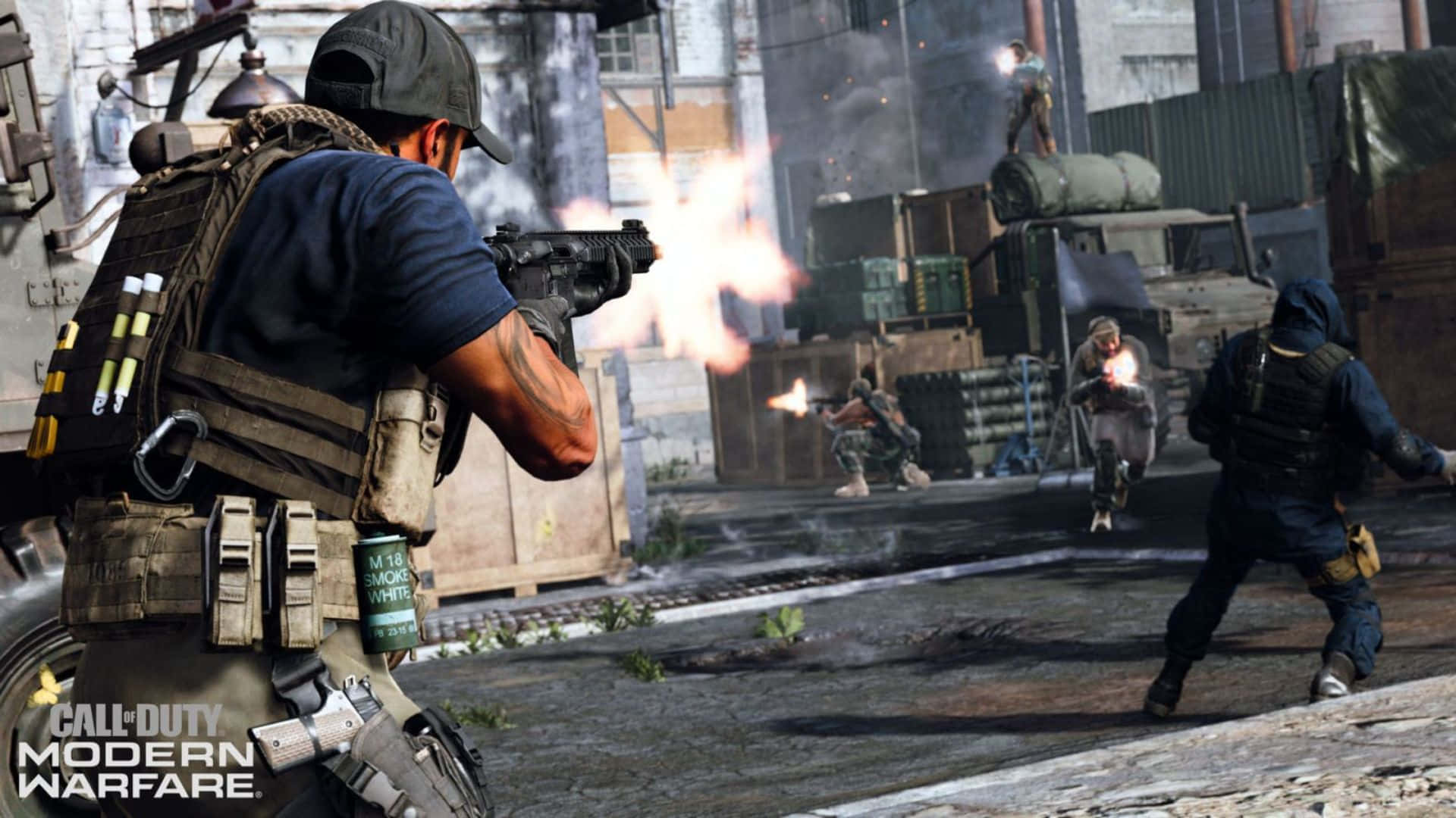 Call Of Duty Weapons 桌布 壁紙 — 身穿戰術裝備的士兵在煙霧和瓦礫瀰漫的惡劣城市戰鬥區域開火。