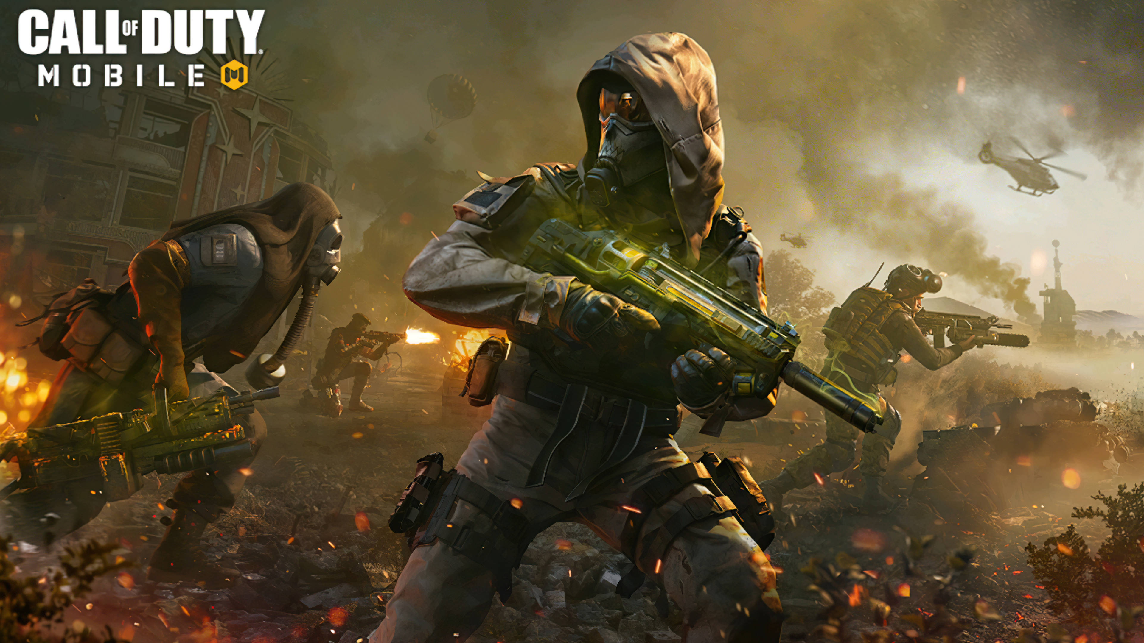 4K call of duty 桌布 壁紙 — 身穿戰術裝備的士兵在煙霧彌漫的戰區中戰鬥，伴隨著爆炸和頭頂上的直升機。