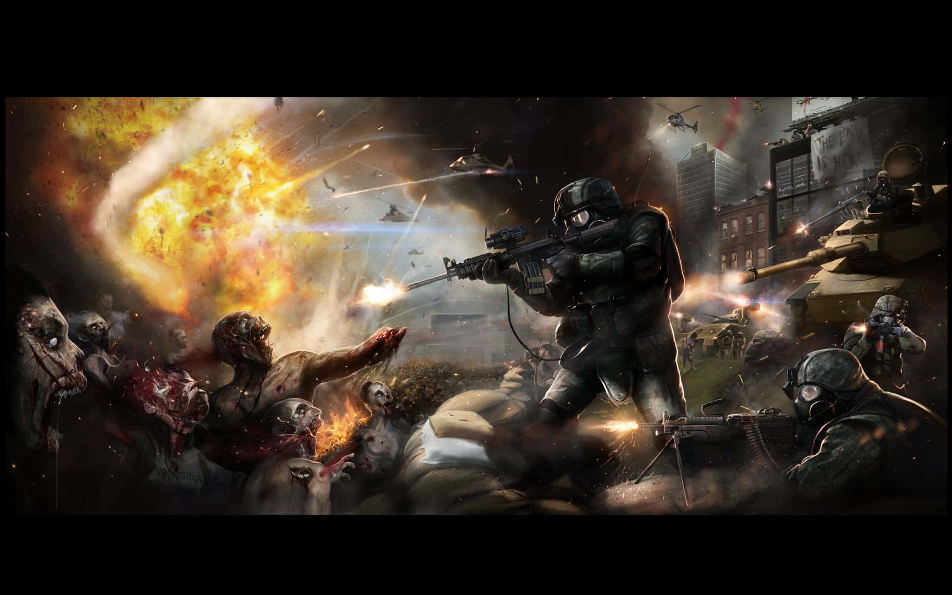 Dark War 桌布 壁紙 — 身穿戰術裝備的士兵在熾熱爆炸和裝甲車中，於廢墟城市景觀中與成群殭屍作戰。