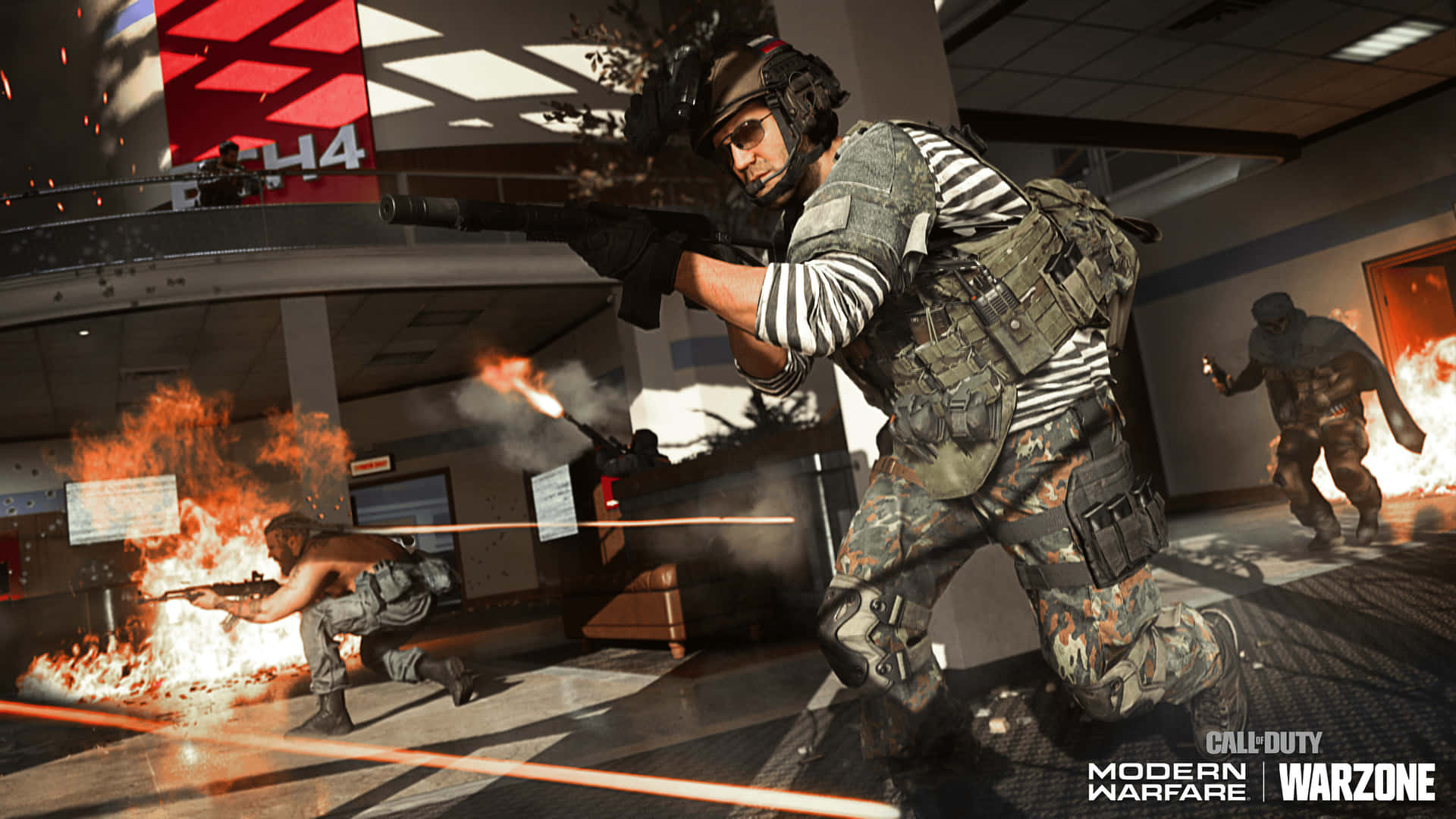 1920x1080 Call Of Duty Modern Warfare 桌布 壁紙 — 身穿戰術裝備的士兵在現代建築物內，於燃燒的碎片和煙霧中進行激烈的槍戰。