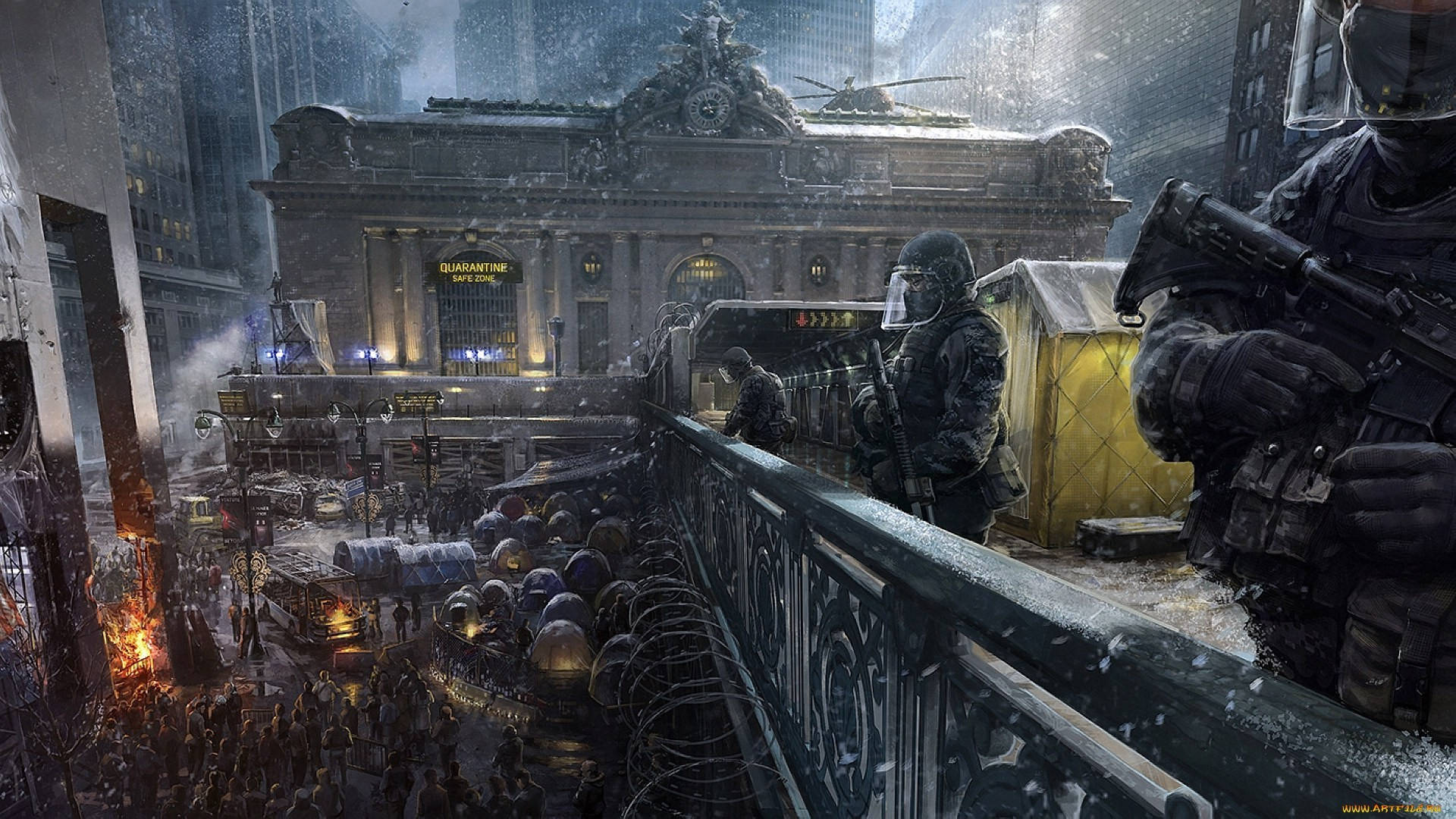 戰術士兵在白雪覆蓋的廢墟城市廣場靠近宏偉火車站巡邏。 — Fire Emblem Warriors 壁紙