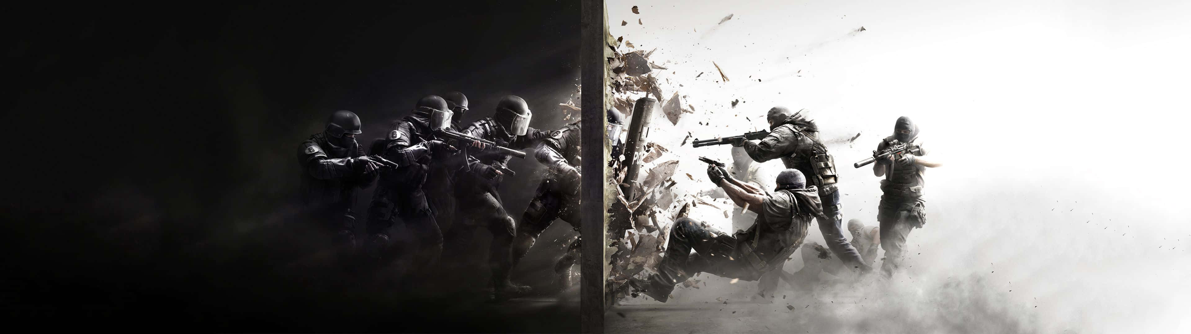 Rainbow Six Siege 桌布 壁紙 — 身穿戰術裝備的士兵在碎片飛揚、煙霧瀰漫的高強度爆炸中突破牆壁。