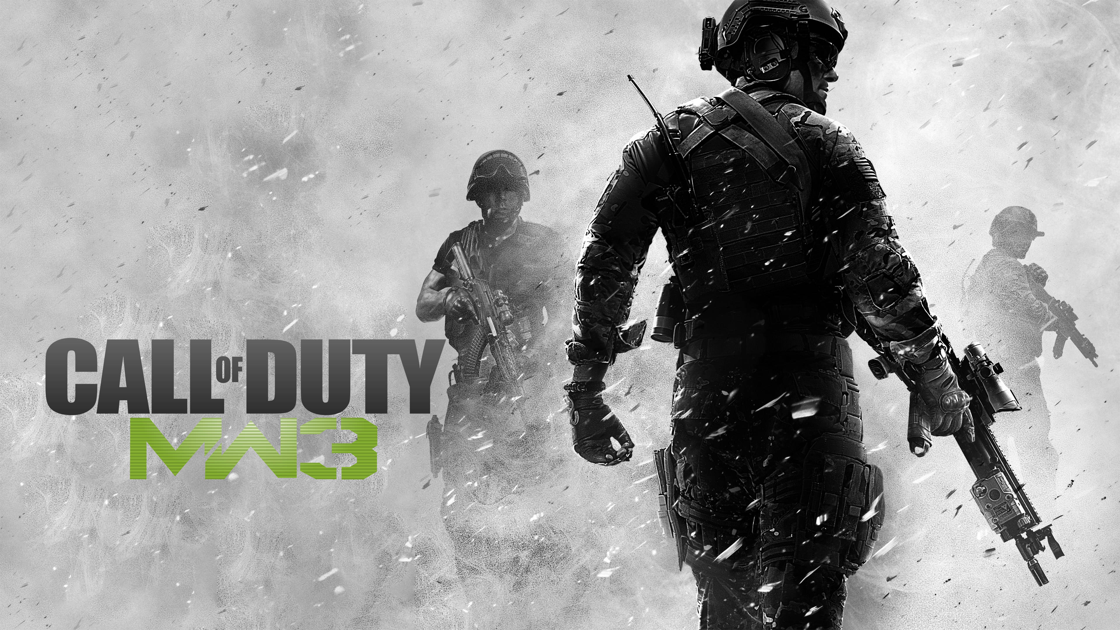 電玩遊戲 桌布 壁紙 — 身穿戰術裝備的士兵在雪地戰場上前進，Call of Duty MW3 標誌顯眼地展示。