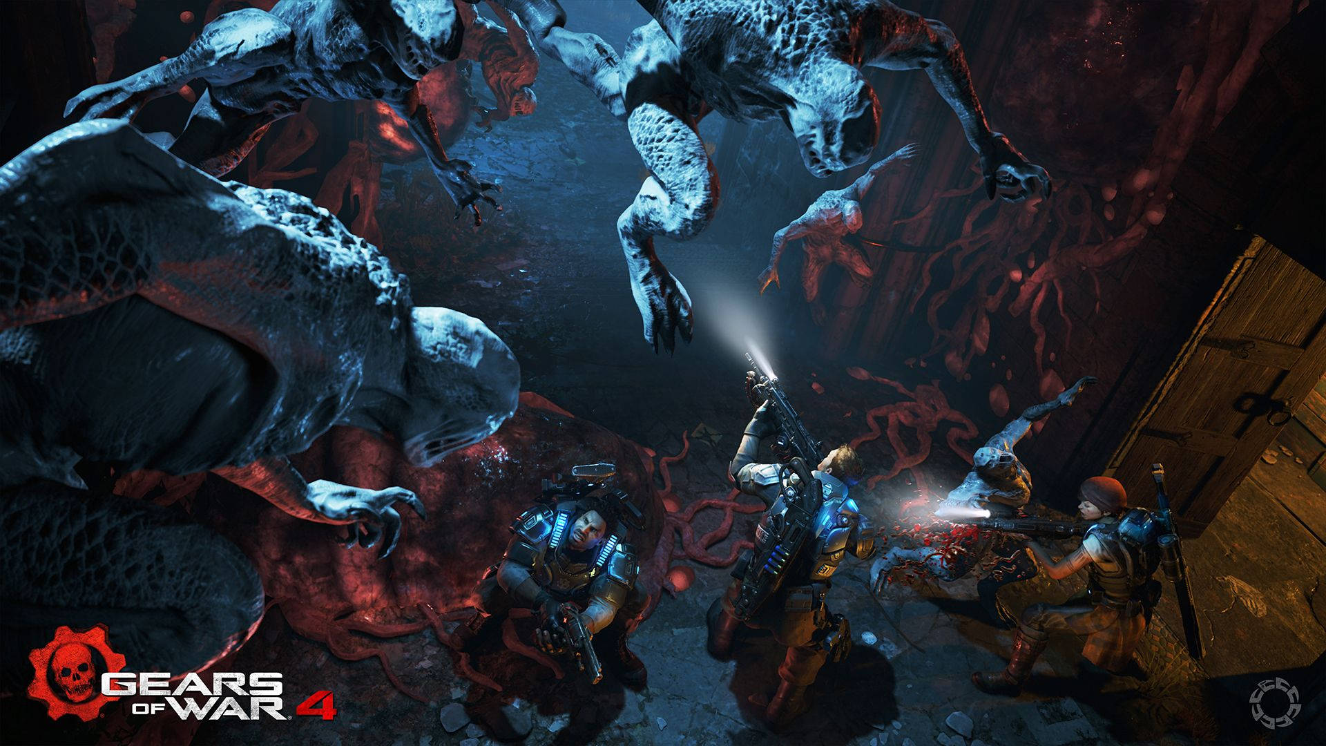 Gears Of War 桌布 壁紙 — 身穿戰術裝備的士兵在黑暗、血跡斑斑的地下室中與怪異的外星生物戰鬥。
