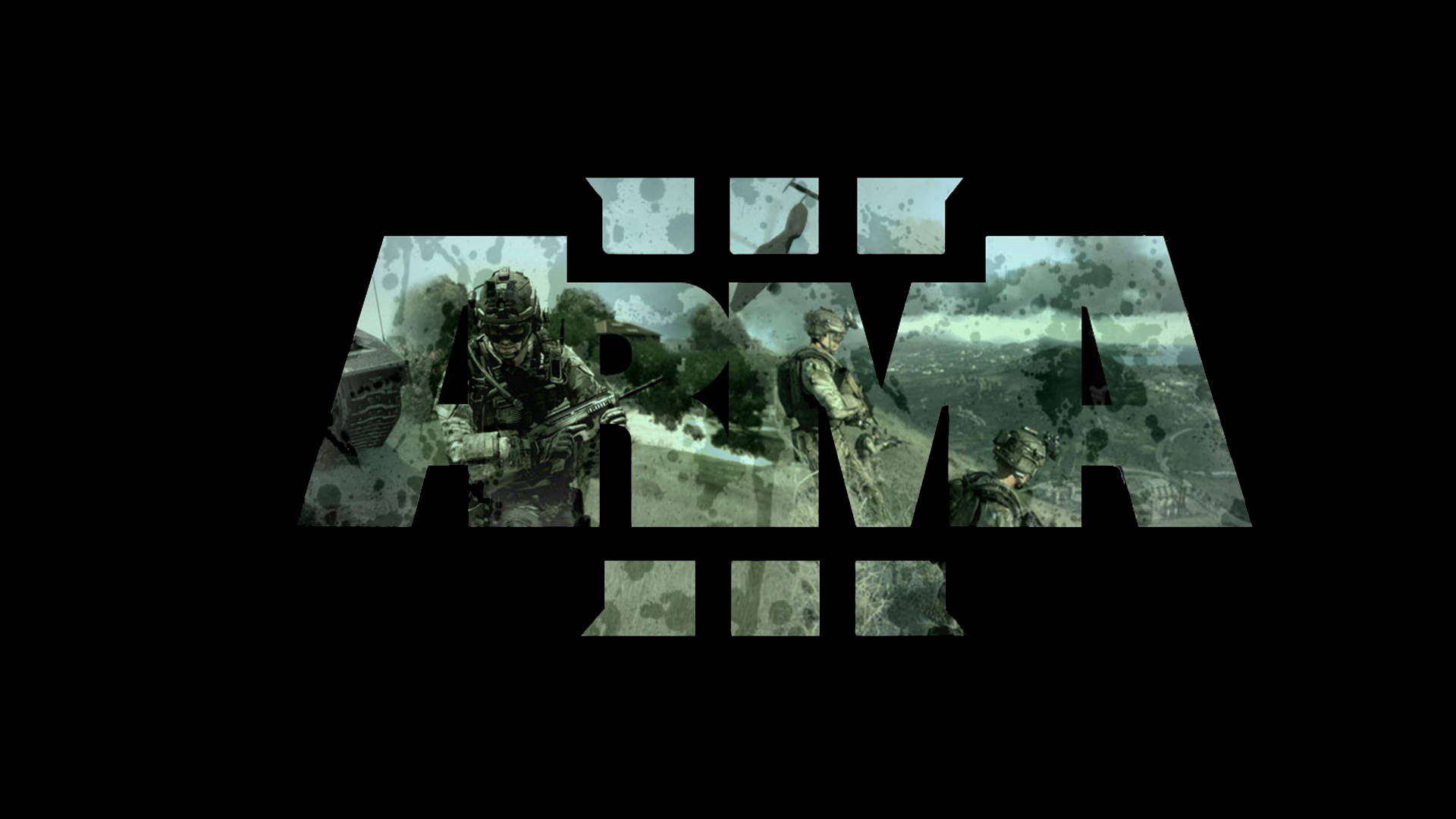 arma 桌布 壁紙 — 身穿戰術裝備的士兵從ARMA一詞的字母中浮現，背景為深色。