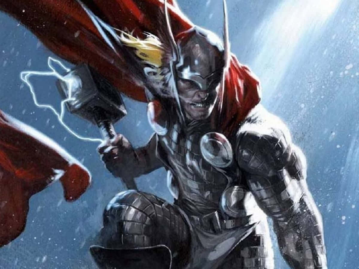 God Of Thunder 桌布 壁紙 — 身穿戰鬥盔甲的索爾在風暴中揮舞著發光的錘子，紅色斗篷隨風飄揚。