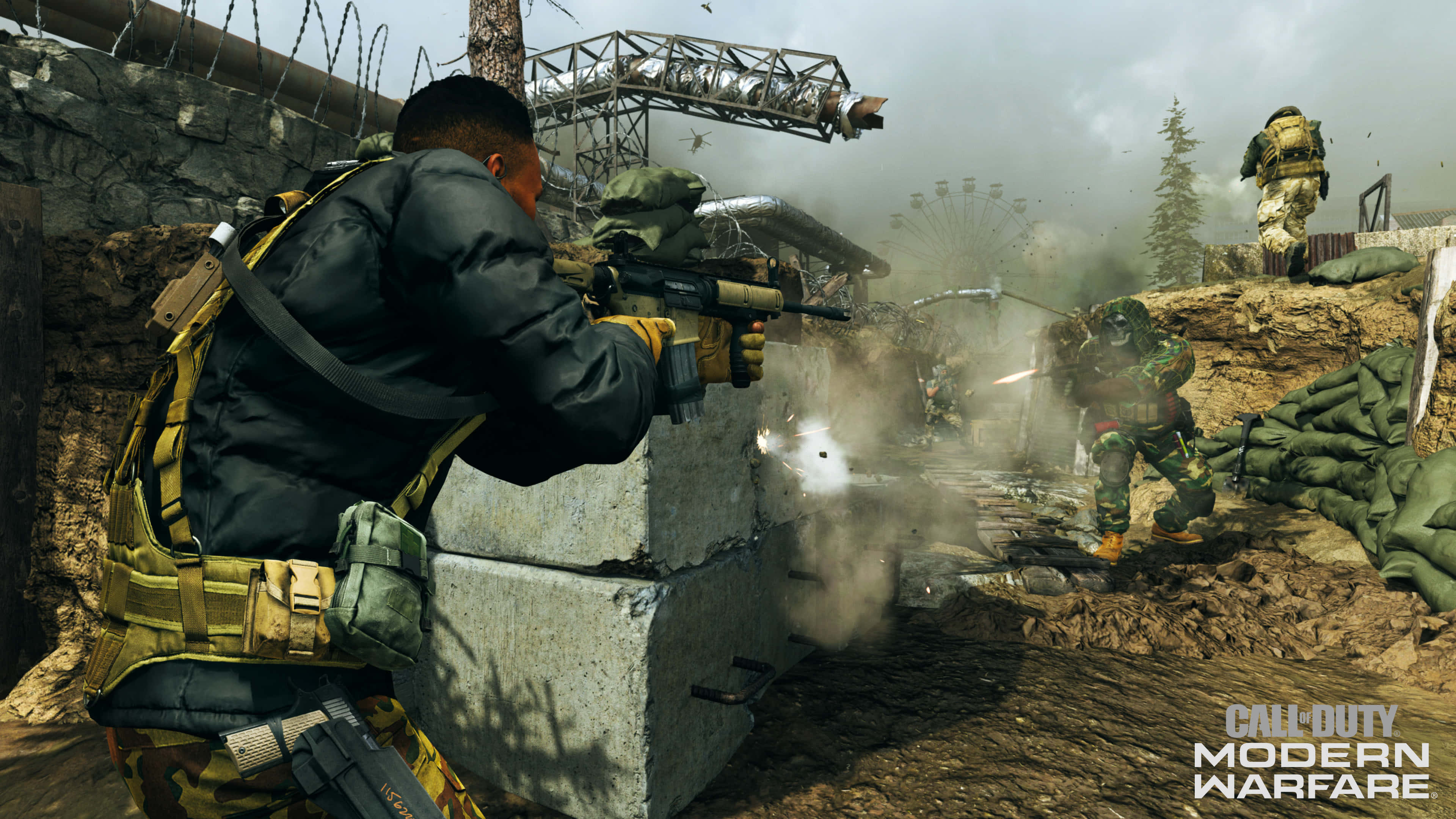 HD Call Of Duty Modern Warfare 桌布 壁紙 — 身穿戰鬥裝備的士兵在泥濘的戰場上，從混凝土掩體後方，在鐵絲網和煙霧中開火射擊。