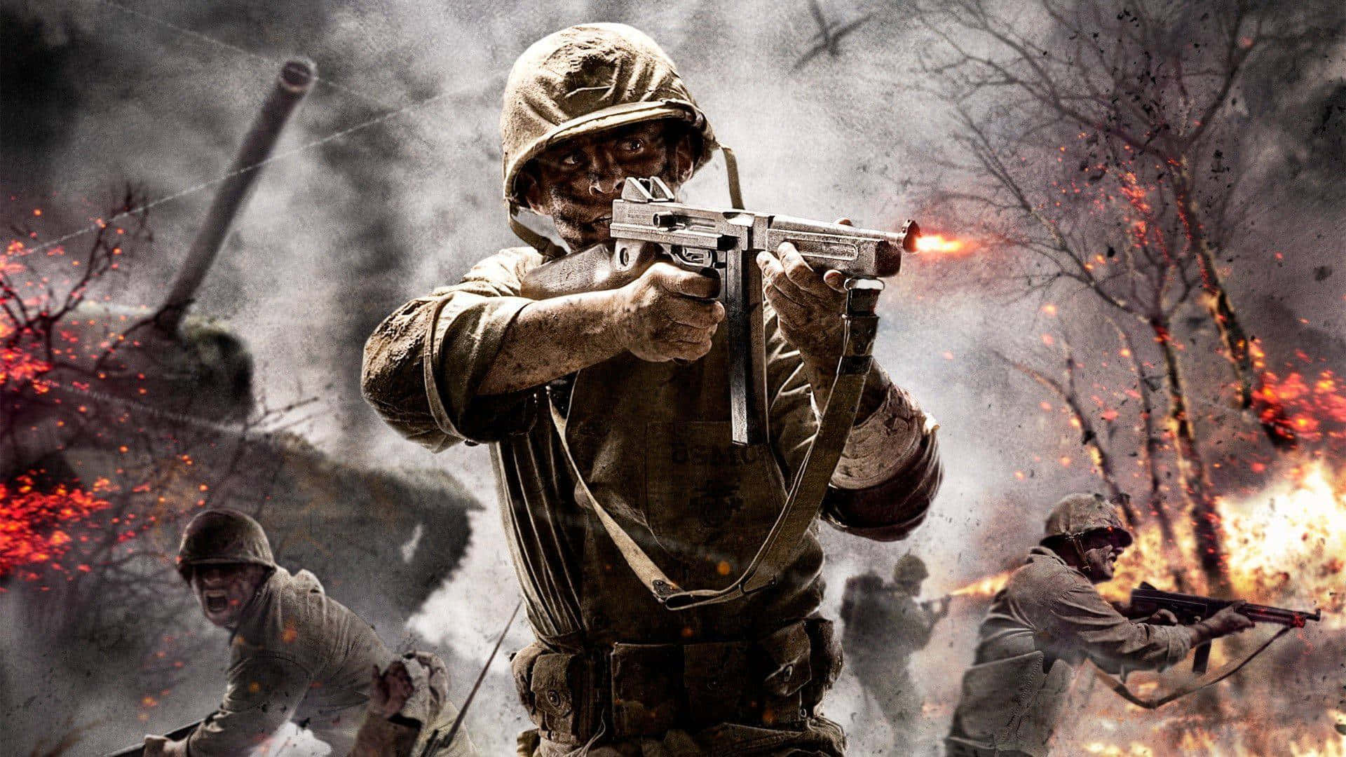 Ww2 桌布 壁紙 — 身穿戰鬥裝備的士兵在煙霧和火焰中，於混亂的戰場場景中開火。