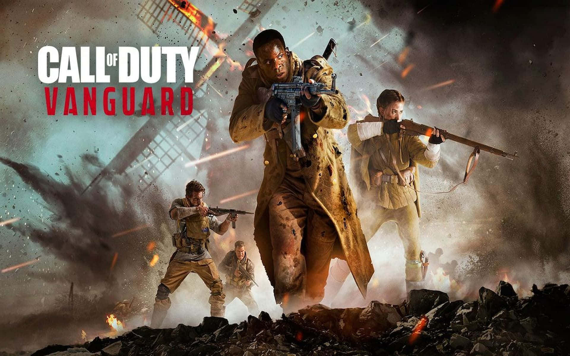 Best Call Of Duty Black Ops 4 桌布 壁紙 — 身穿戰鬥裝備的士兵在煙霧和火焰中穿過倒塌的建築物，在戰區中前進。