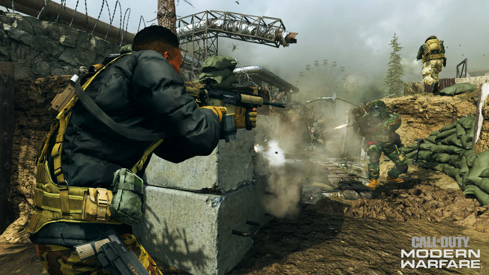 1920x1080 Call Of Duty Modern Warfare 桌布 壁紙 — 身穿戰鬥裝備的士兵在煙霧和瓦礫中，於飽受戰爭蹂躪的城市戰場上開火。
