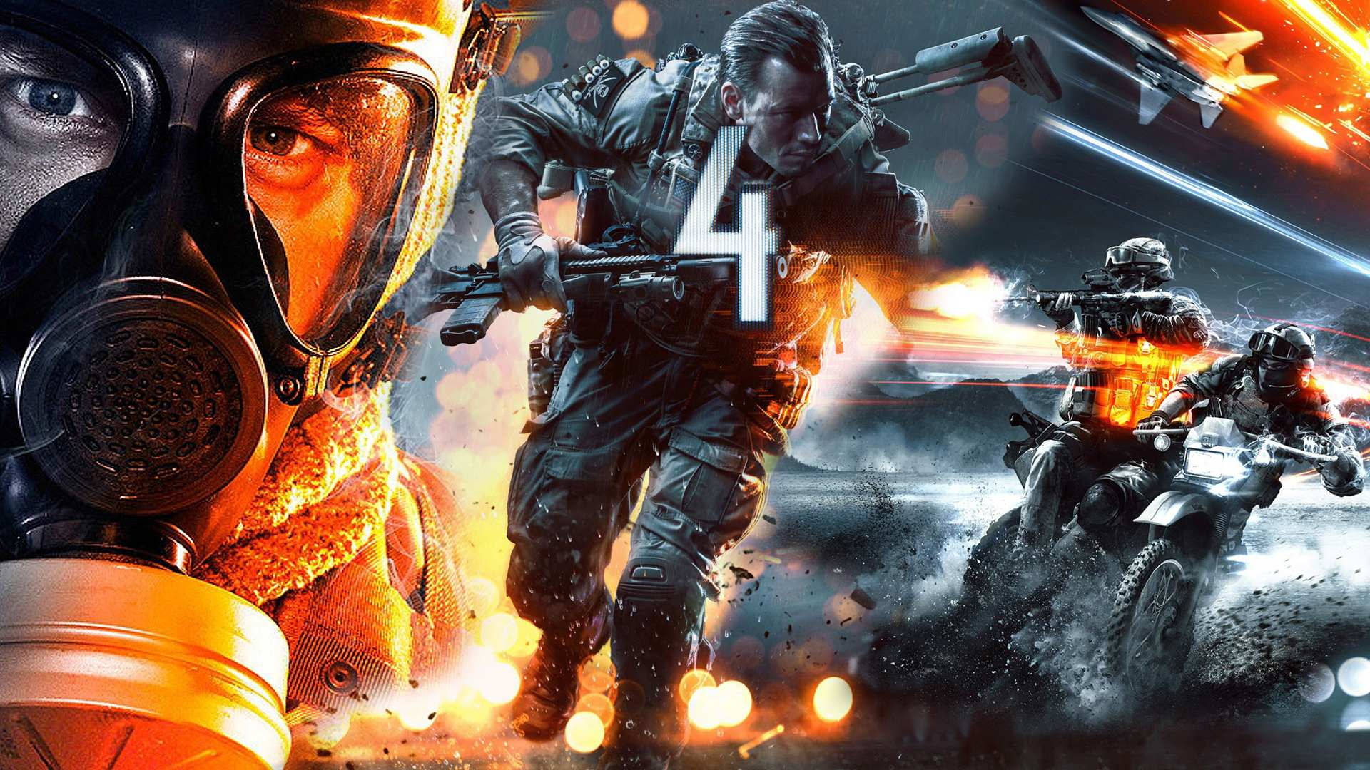 Battlefield 4 桌布 壁紙 — 身穿戰鬥裝備的士兵在熾熱爆炸中衝鋒，伴隨飛機和裝甲車，置身於高強度戰區。
