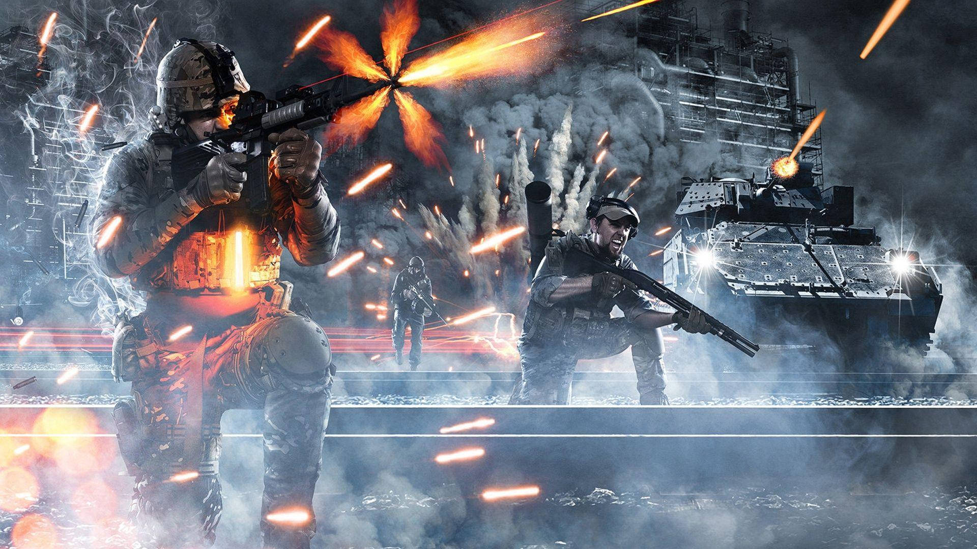 Battlefield 4 City 桌布 壁紙 — 身穿戰鬥裝備的士兵在爆炸和煙霧中開火，背景有一輛坦克。