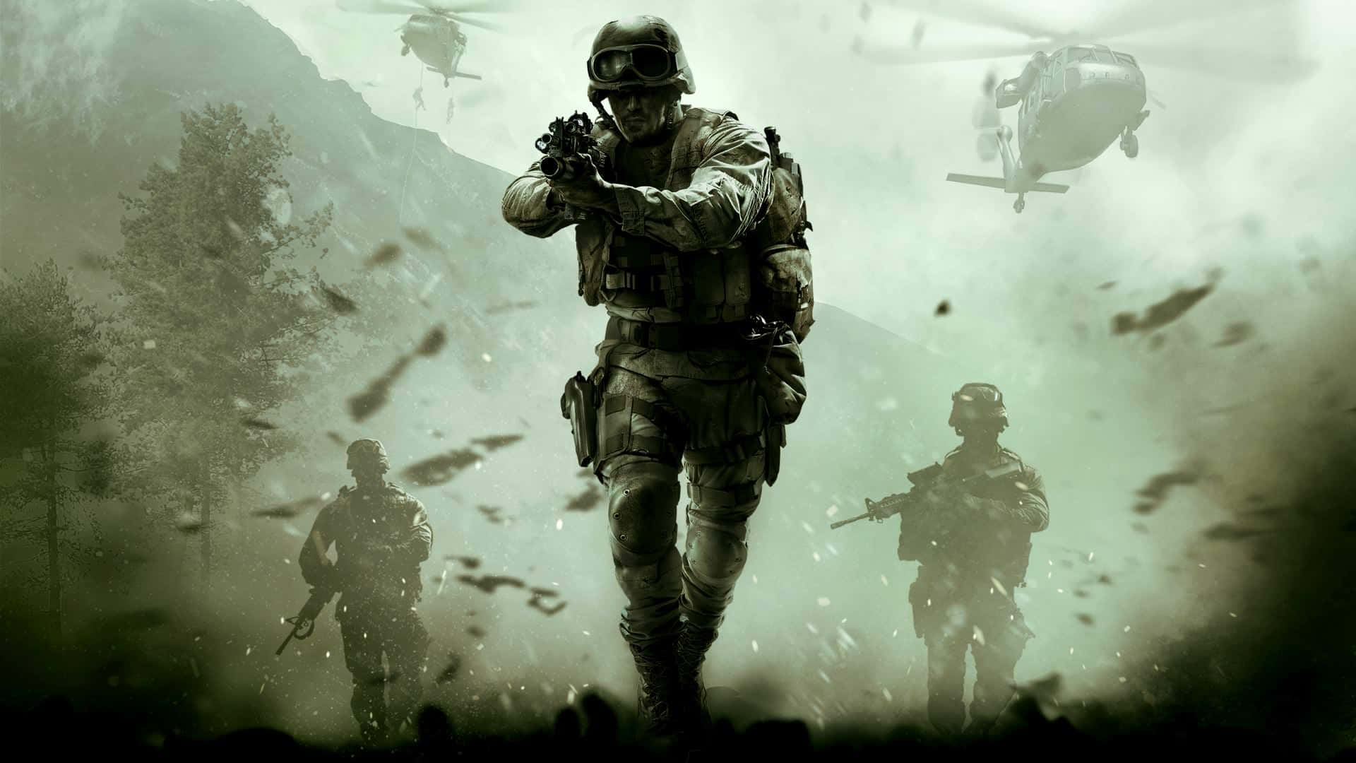 Cod 桌布 壁紙 — 身穿戰鬥裝備的士兵在霧氣瀰漫的山谷中前進，直升機在飛揚的碎片中從頭頂飛過。