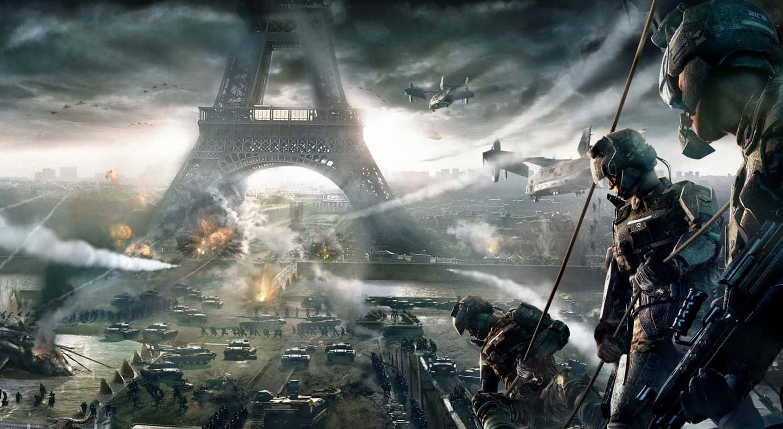 War Games 桌布 壁紙 — 身穿戰鬥裝備的士兵在飽受戰爭蹂躪的巴黎前進，艾菲爾鐵塔被圍困，戰鬥機在頭頂飛過。