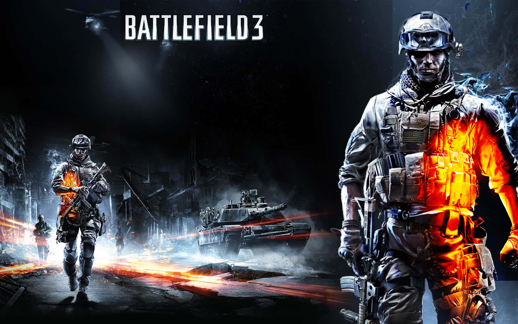 Battlefield 3 桌布 壁紙 — 身穿戰鬥裝備的士兵在黑暗的天空下，與坦克和直升機一起穿越戰火摧殘的城市街道。