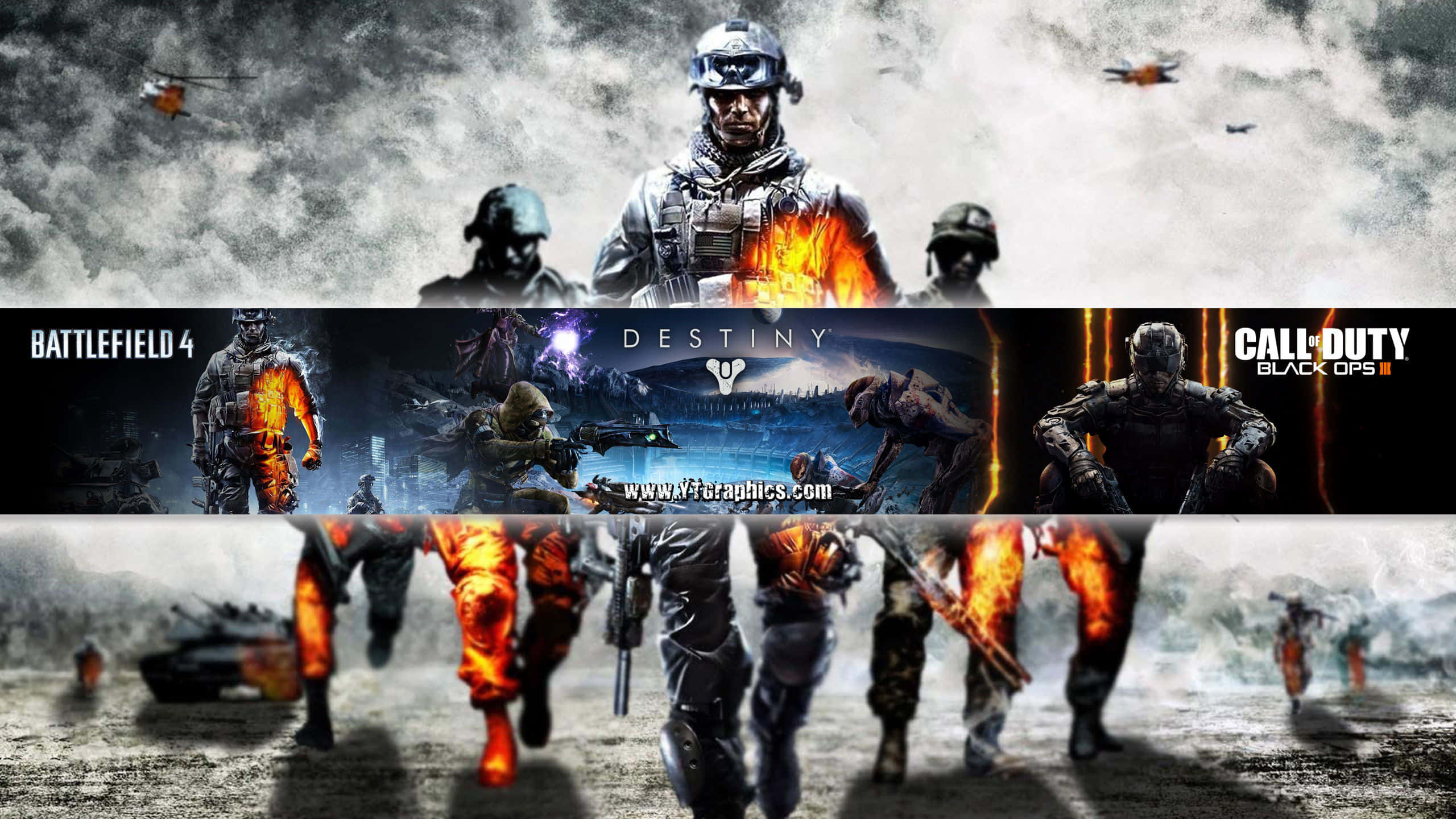 YouTube Banner Gaming 桌布 壁紙 — 身穿戰鬥裝備的士兵穿過煙霧和火焰奔跑，背景有直升機和坦克，橫跨三個遊戲橫幅。